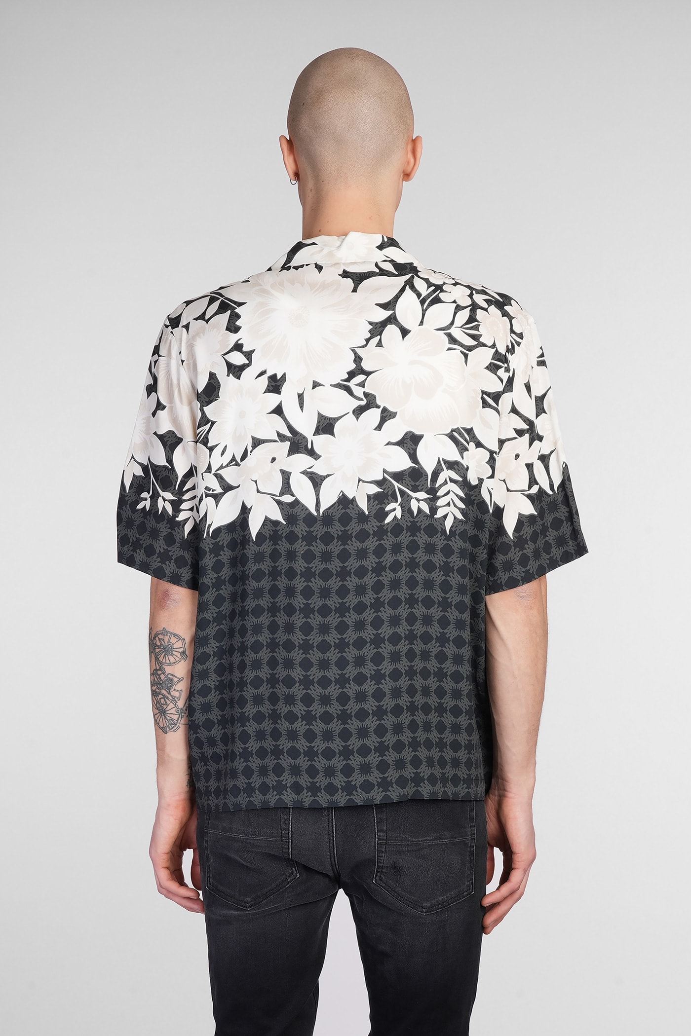 Amiri Garden Black Bowling Shirt With Cuban Collar And All-over Floral Print In Tech Fabric Man In Black