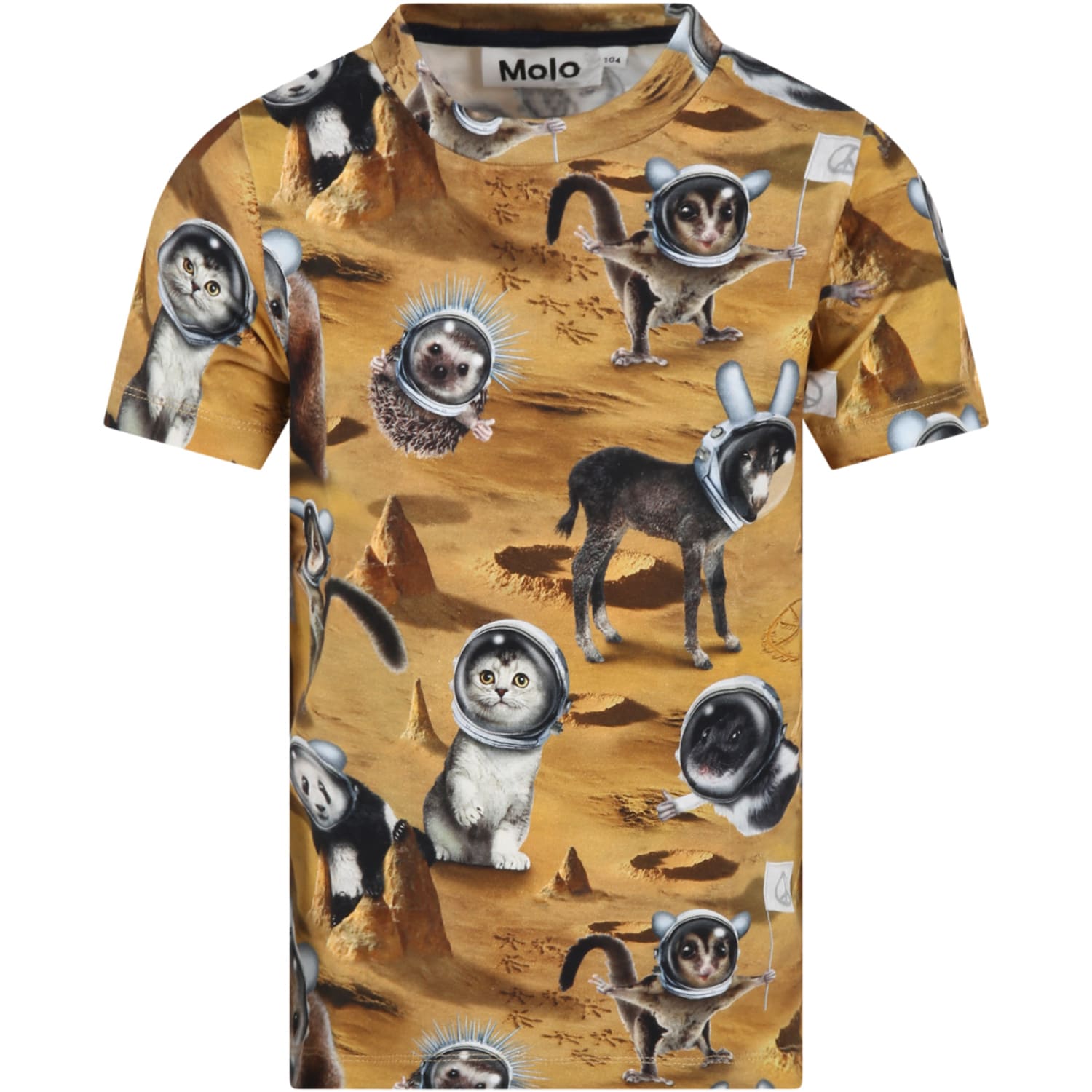 Molo Beige T-shirt For Kids With Astronaut Animals