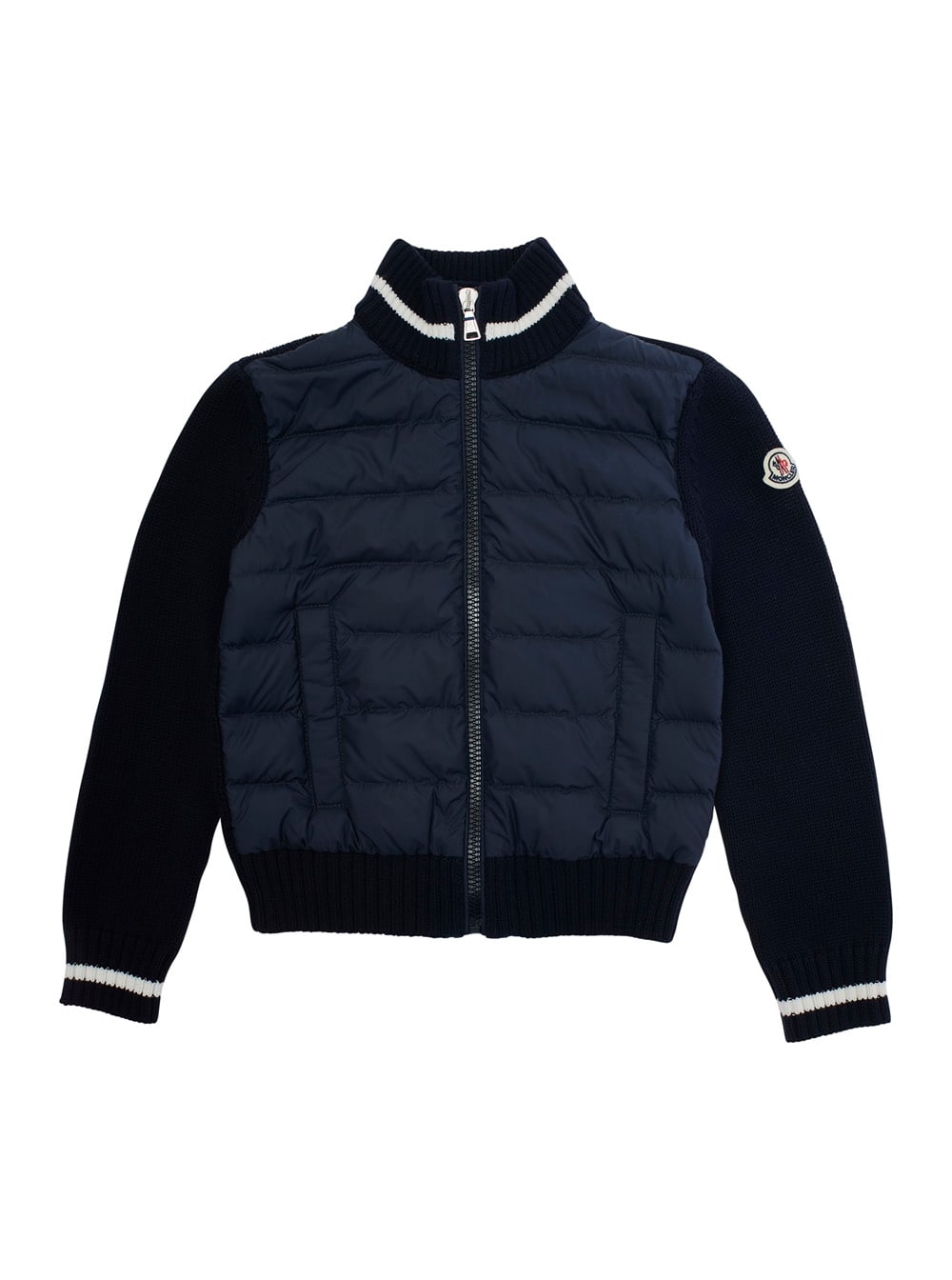 Moncler Blue Cardigan With Logo Patch Applied On The Sleeve In Wool And Tech Fabric Blend Boy In Blue