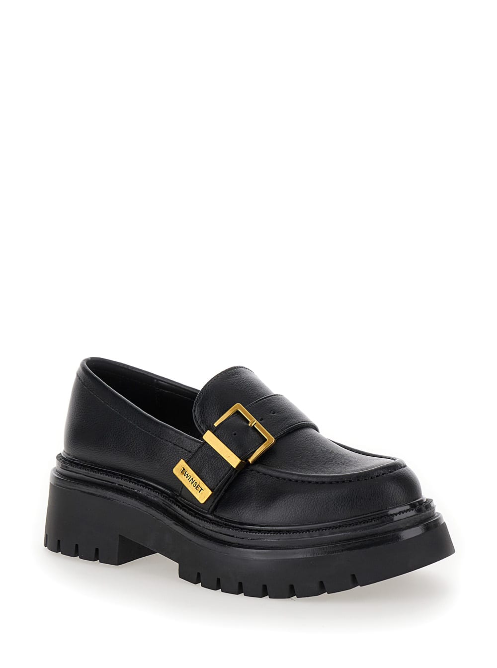 Shop Twinset Black Loafers With Platform And Logo In Leather Woman