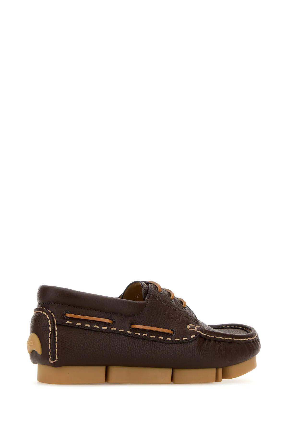 Fendi Chocolate Leather Deck Loafers In Morocuoio