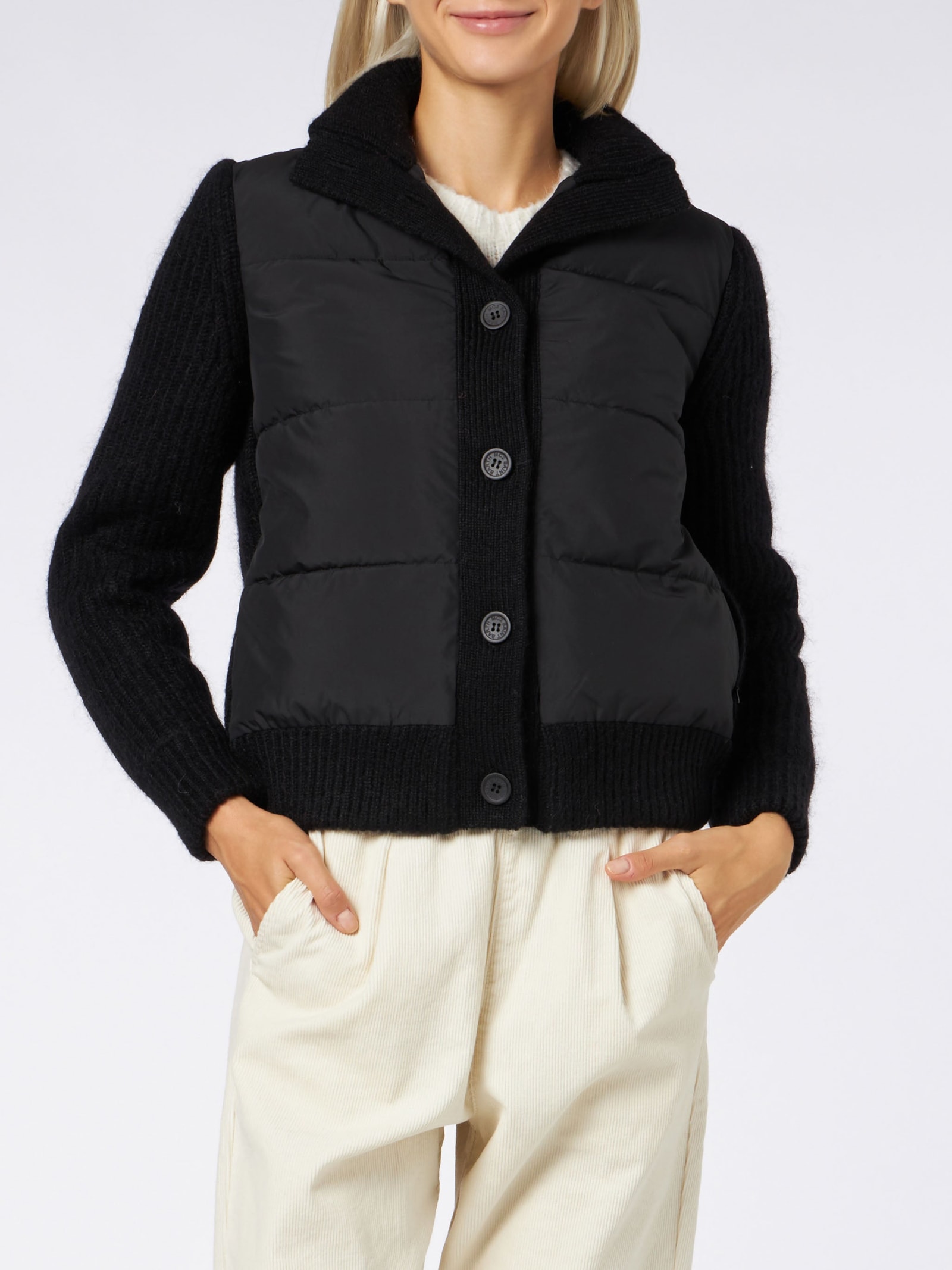 Shop Mc2 Saint Barth Woman Padded Jacket With Knitted Sleeves In Black