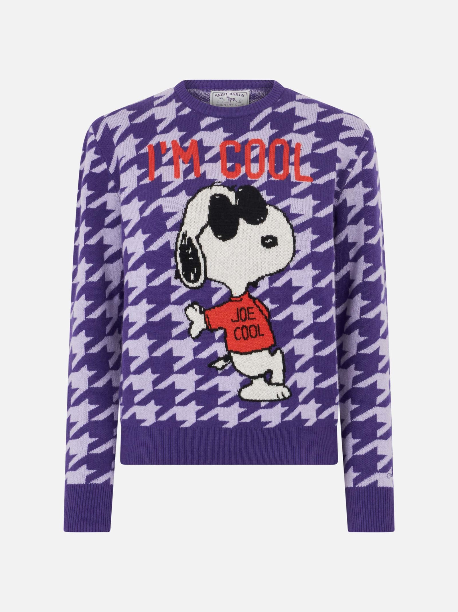 Shop Mc2 Saint Barth Woman Crewneck Pied De Poule Sweater With Snoopy Print Snoopy Peanuts Special Edition In Pink