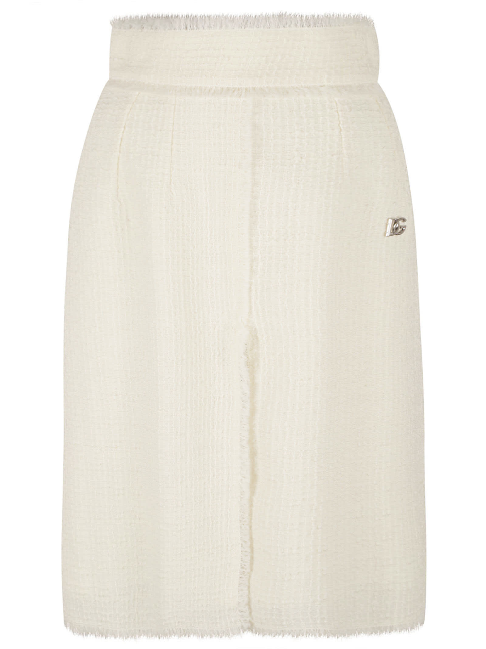 Dolce & Gabbana Logo Plaque Tweed Skirt In White/panna