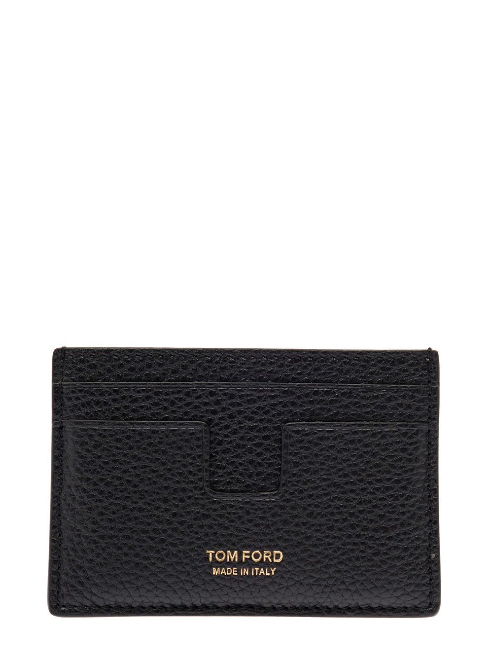 TOM FORD BLACK T LINE CARD-HOLDER WITH GOLD-COLORED EMBOSSED LOGO IN GRAINY LEATHER MAN