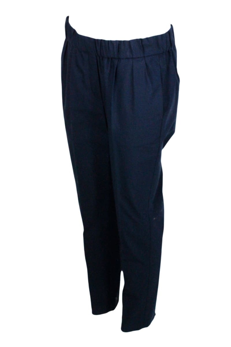 Shop Brunello Cucinelli Stretch Cotton Trousers With Elastic Waistband And Small Pleats On The Front In Blu