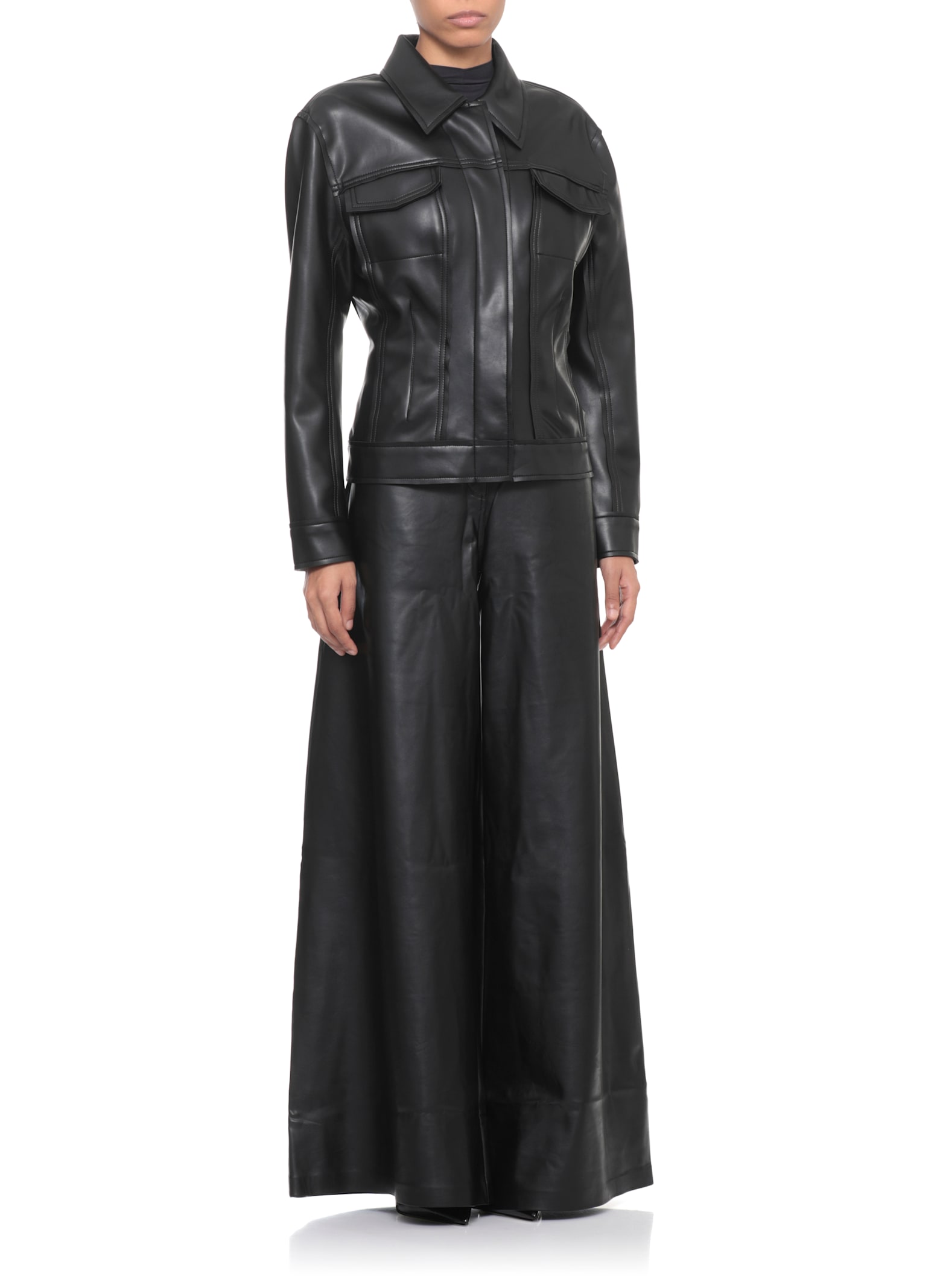 Norma Kamali Fitted Synthetic Leather Long Sleeve Jacket In Black