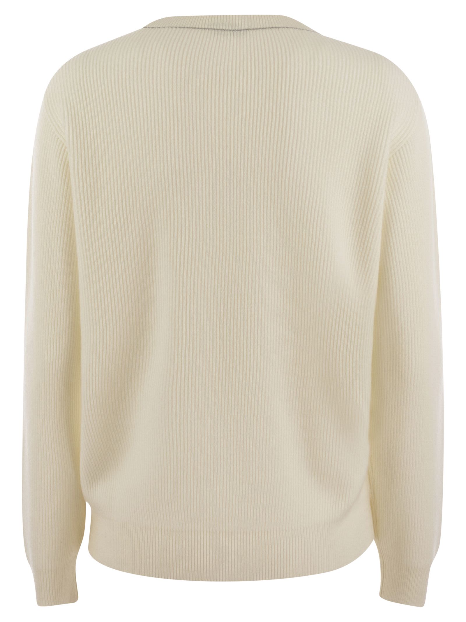 Shop Brunello Cucinelli English Rib Cashmere Sweater With Monile In Cream