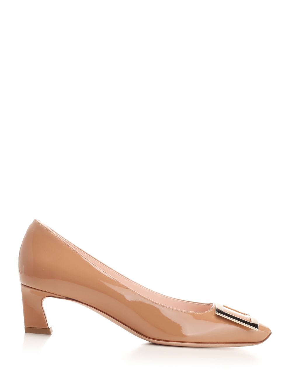 Shop Roger Vivier Trompette Pumps In Patent Leather With Metal Buckle In Beige