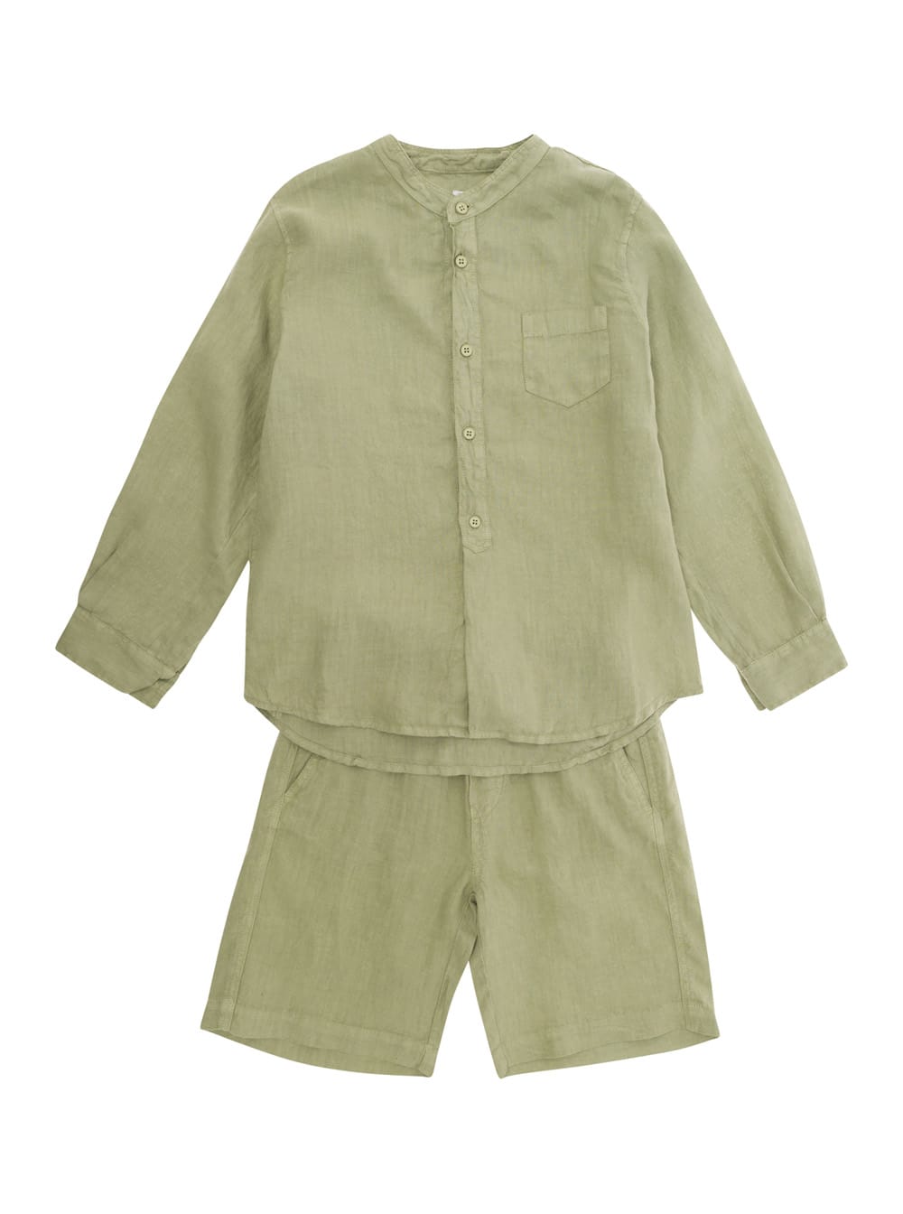 Shop Il Gufo Green Shirt And Shorts Set In Linen Boy