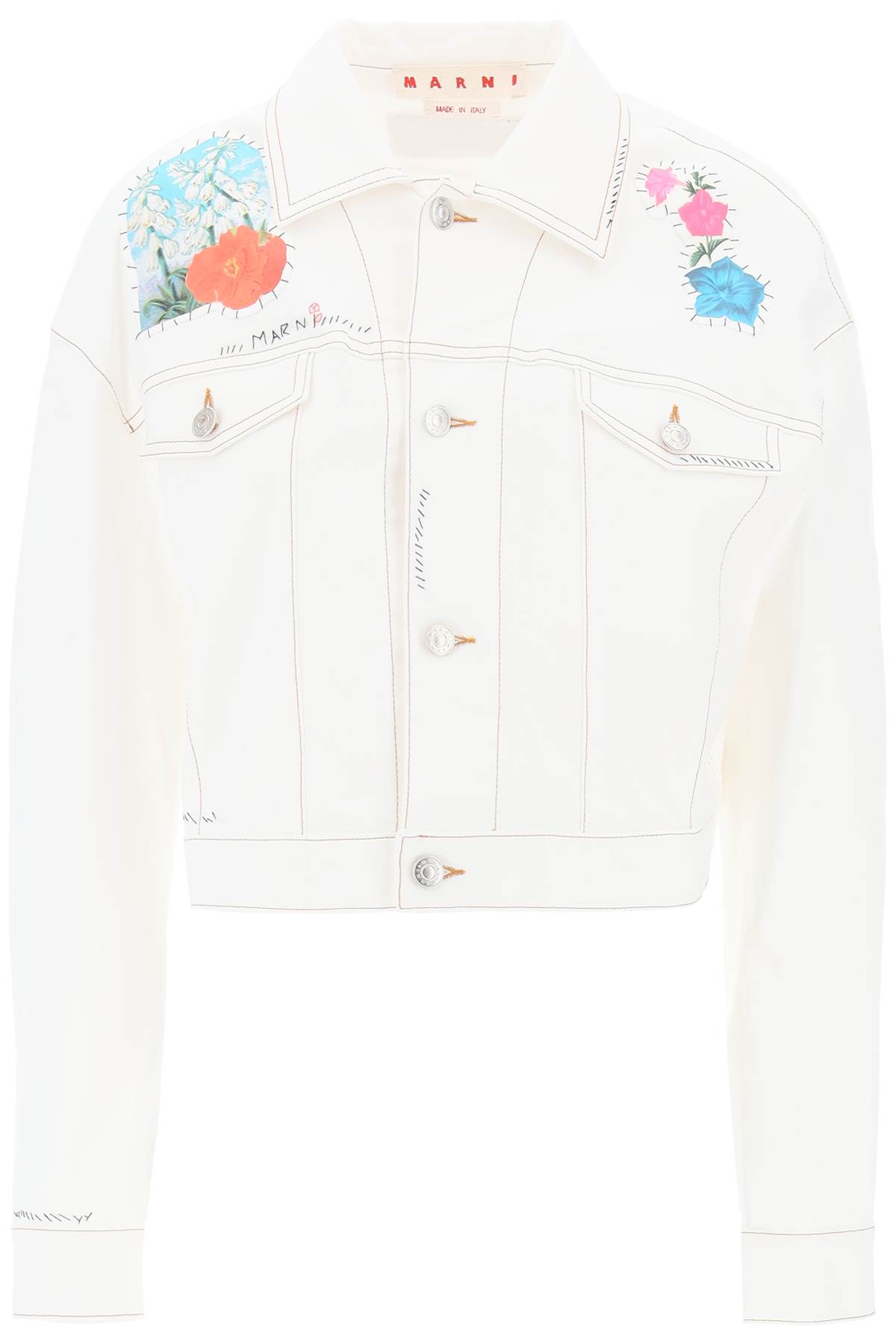 Shop Marni Cropped Denim Jacket With Flower Patches And Embroidery In Lily White (white)