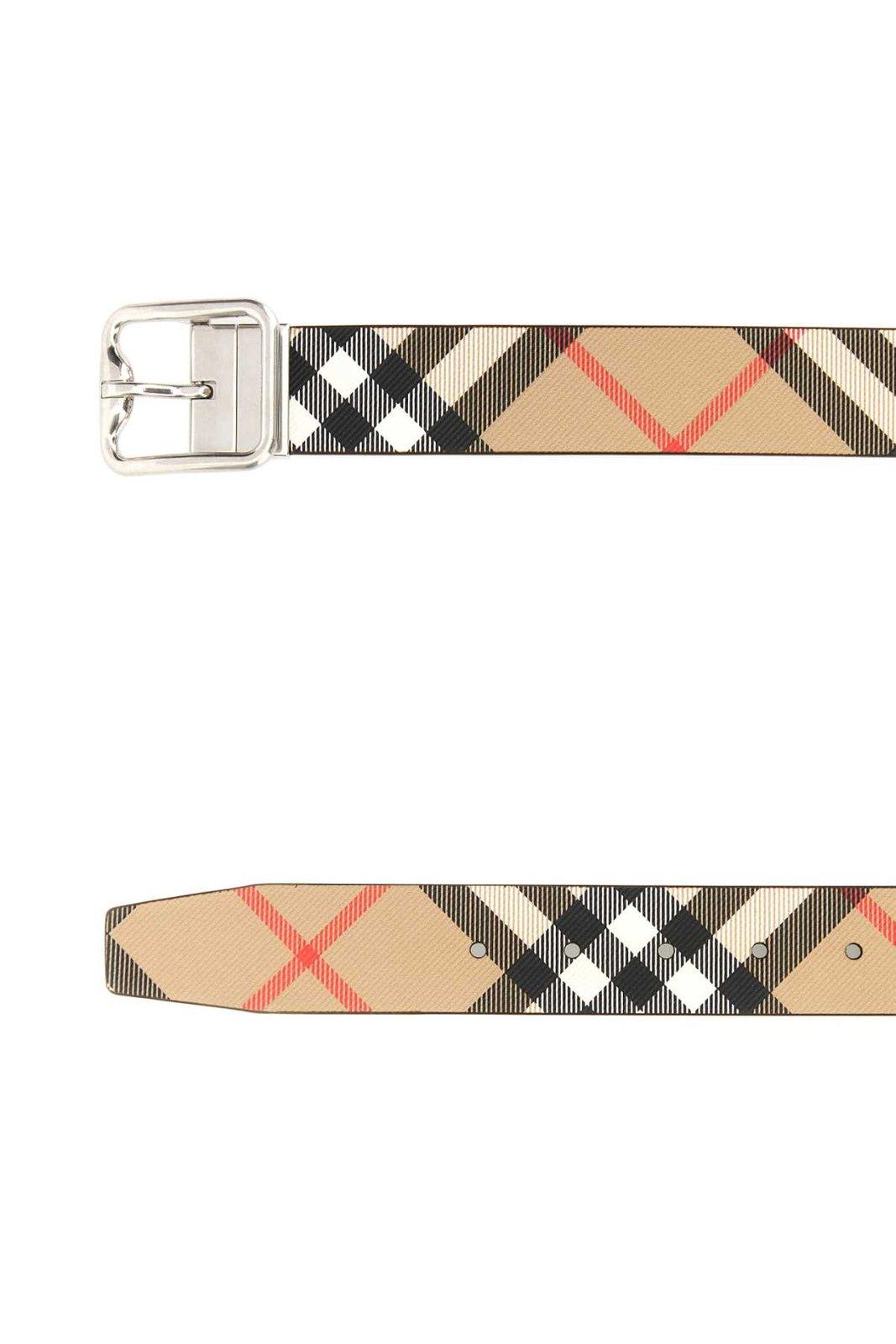 Shop Burberry Reversible Checked B Buckle Belt In Sandmilitarysilver