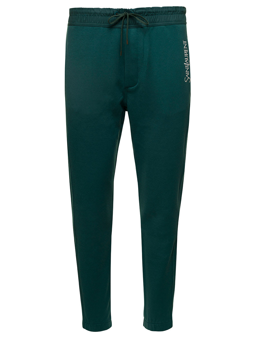 Shop Saint Laurent Green Jogging Pants With Drawstring And Logo Embroidery In Cotton Man