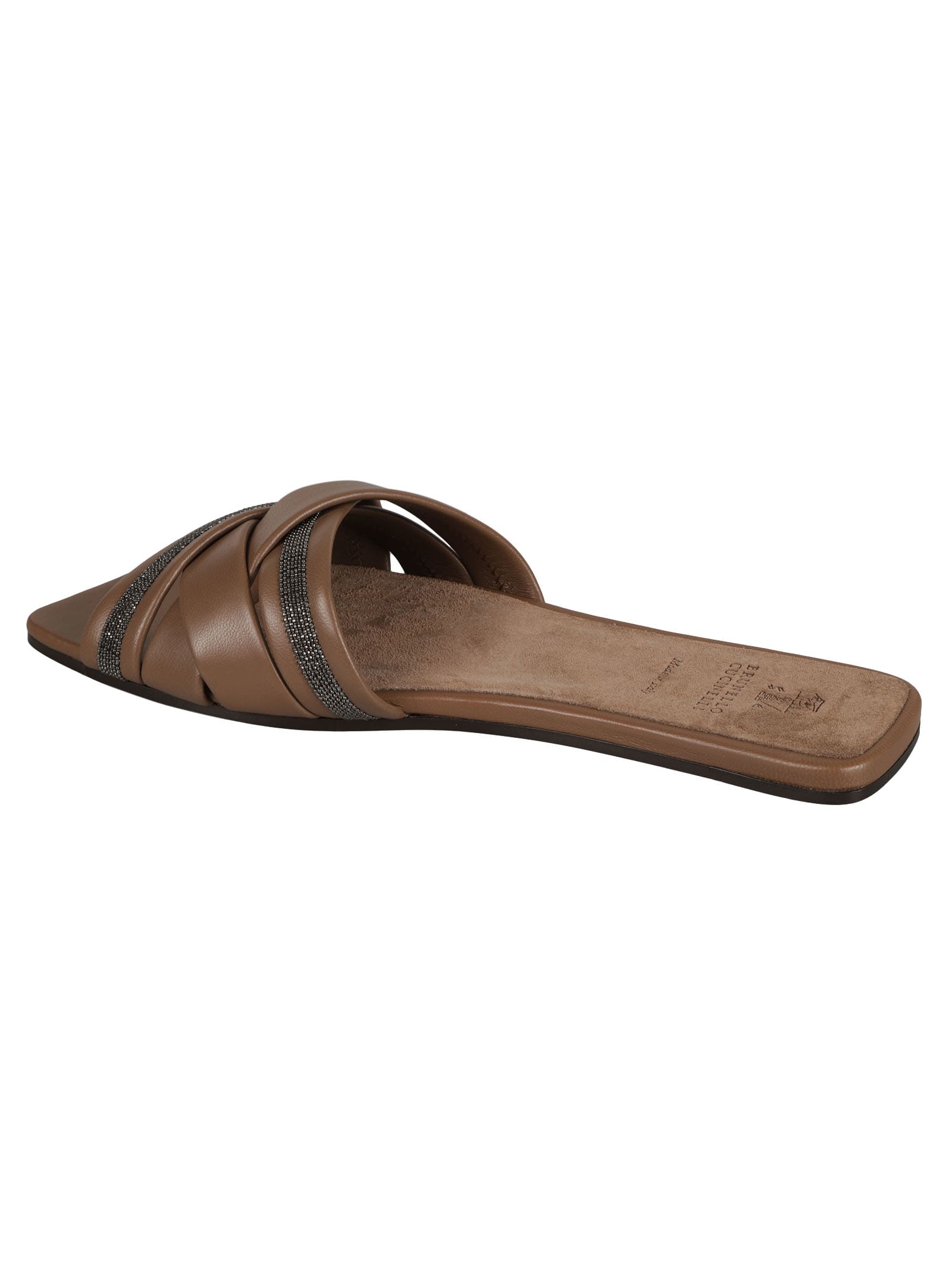Shop Brunello Cucinelli Embellished Strap Flat Sandals In Brown