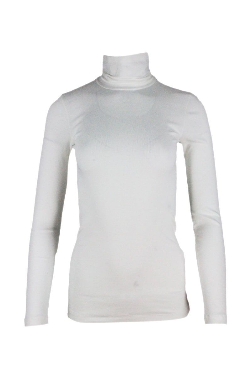 Brunello Cucinelli Long-sleeved Mock Neck T-shirt With A Row Of Monili On The Back Of The Neck