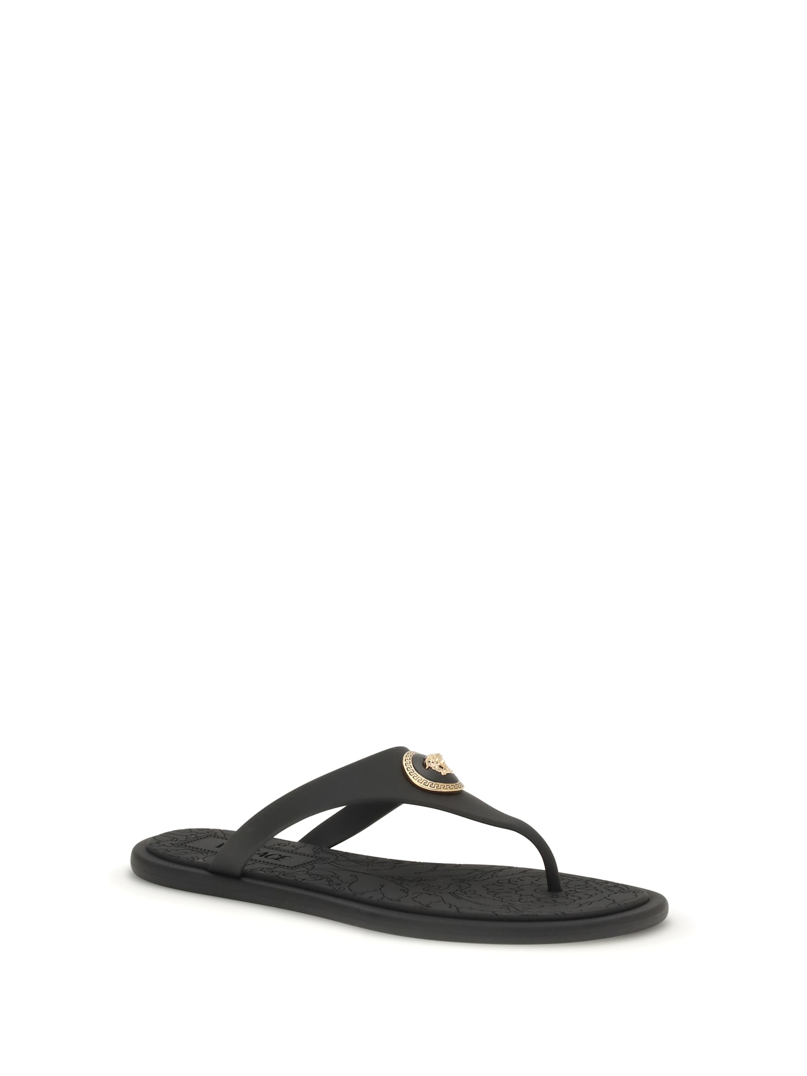 Versace Flat Sole Open Toe Sandals With Medusa Motif In Black
