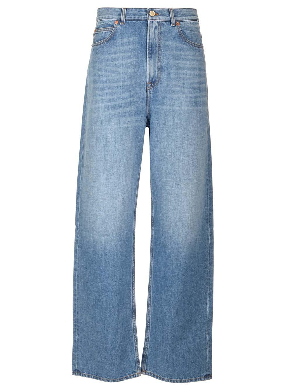 Shop Valentino Logo Patch Wide Leg Jeans In Blu