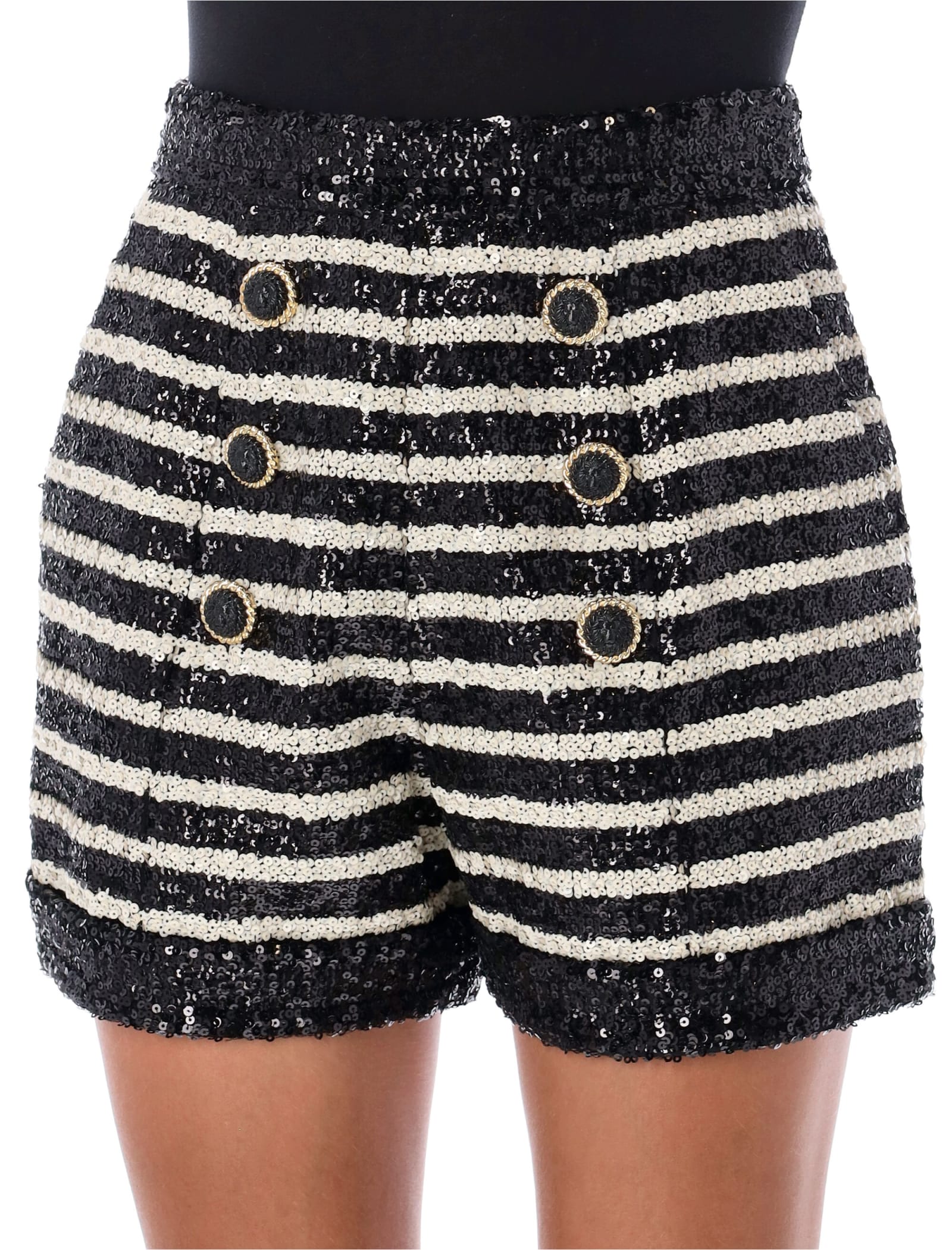 Shop Balmain Stripes Sequin Short In Nero Bianco