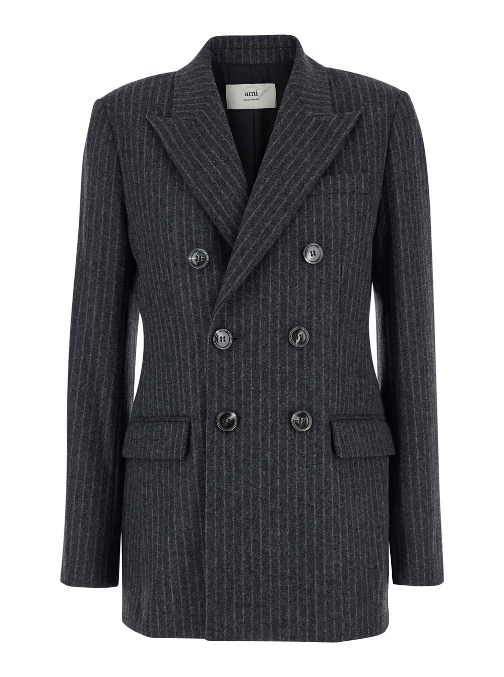 Shop Ami Alexandre Mattiussi Grey Striped Double-breasted Jacket In Wool Woman