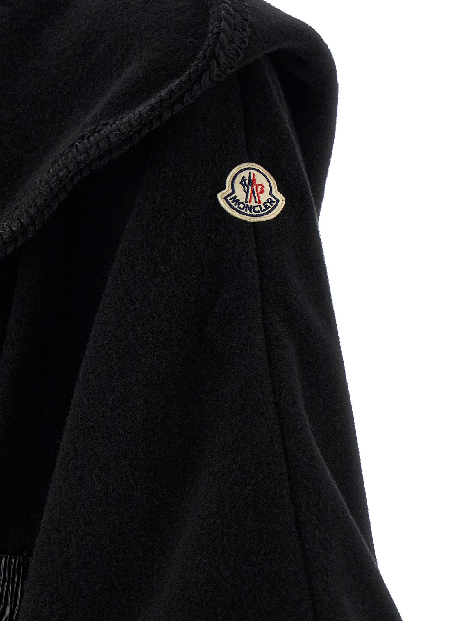 Moncler Hooded Cape With Belted Waist And Fringed Hem In Black