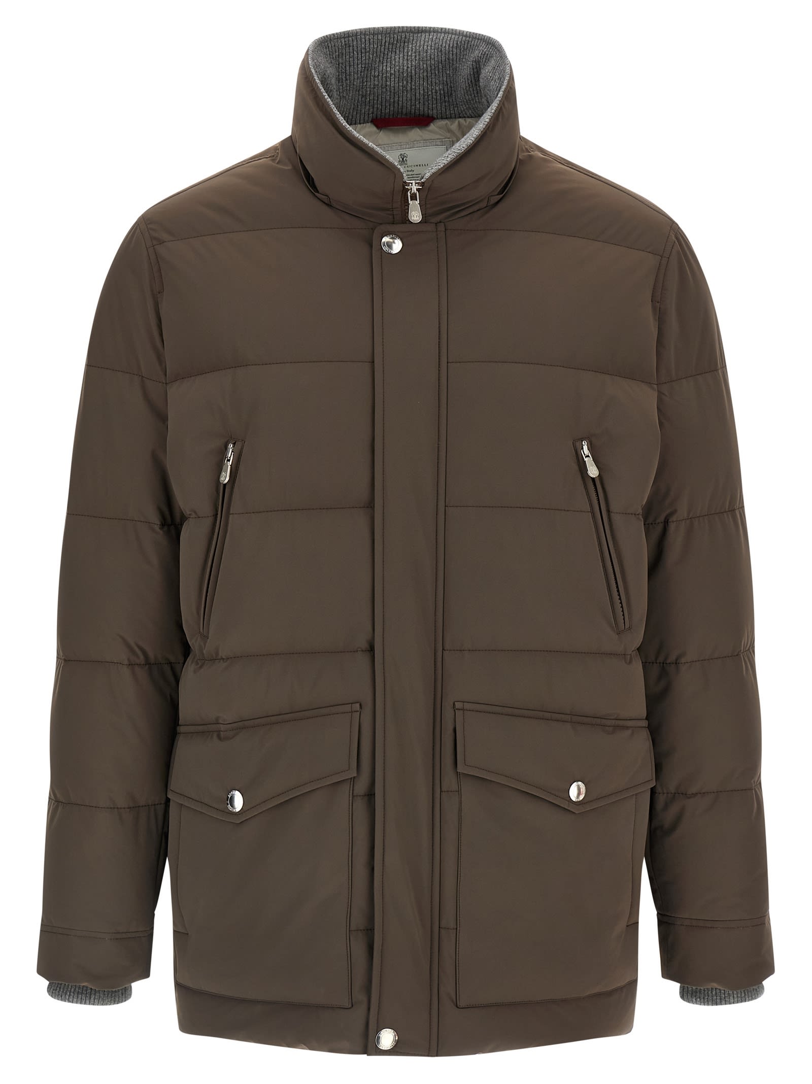 Brunello Cucinelli Knit Insert Down Jacket Puffer Jackets Brown In Brown