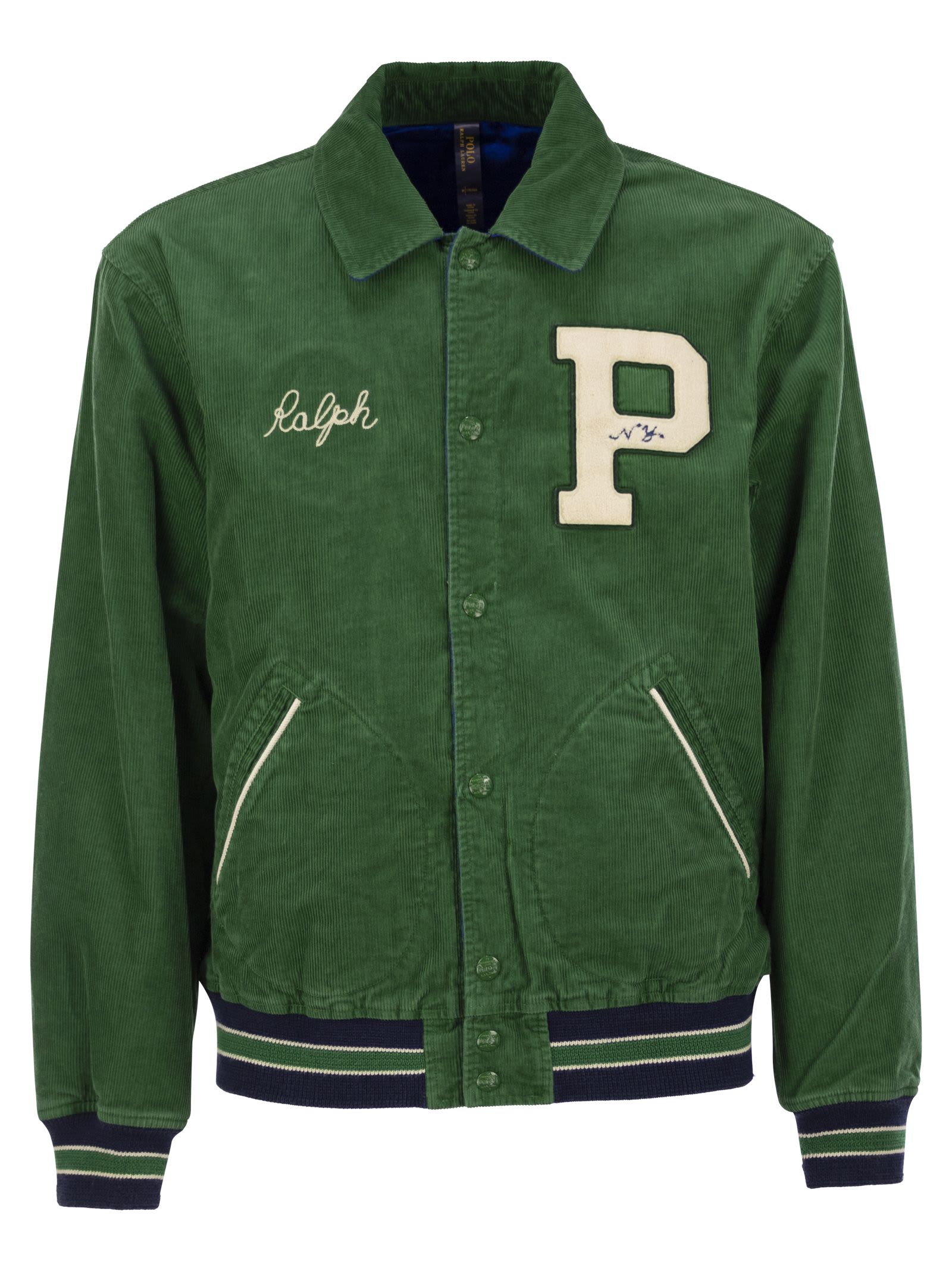 Shop Ralph Lauren Reversible Letterman Jacket In Green/blue