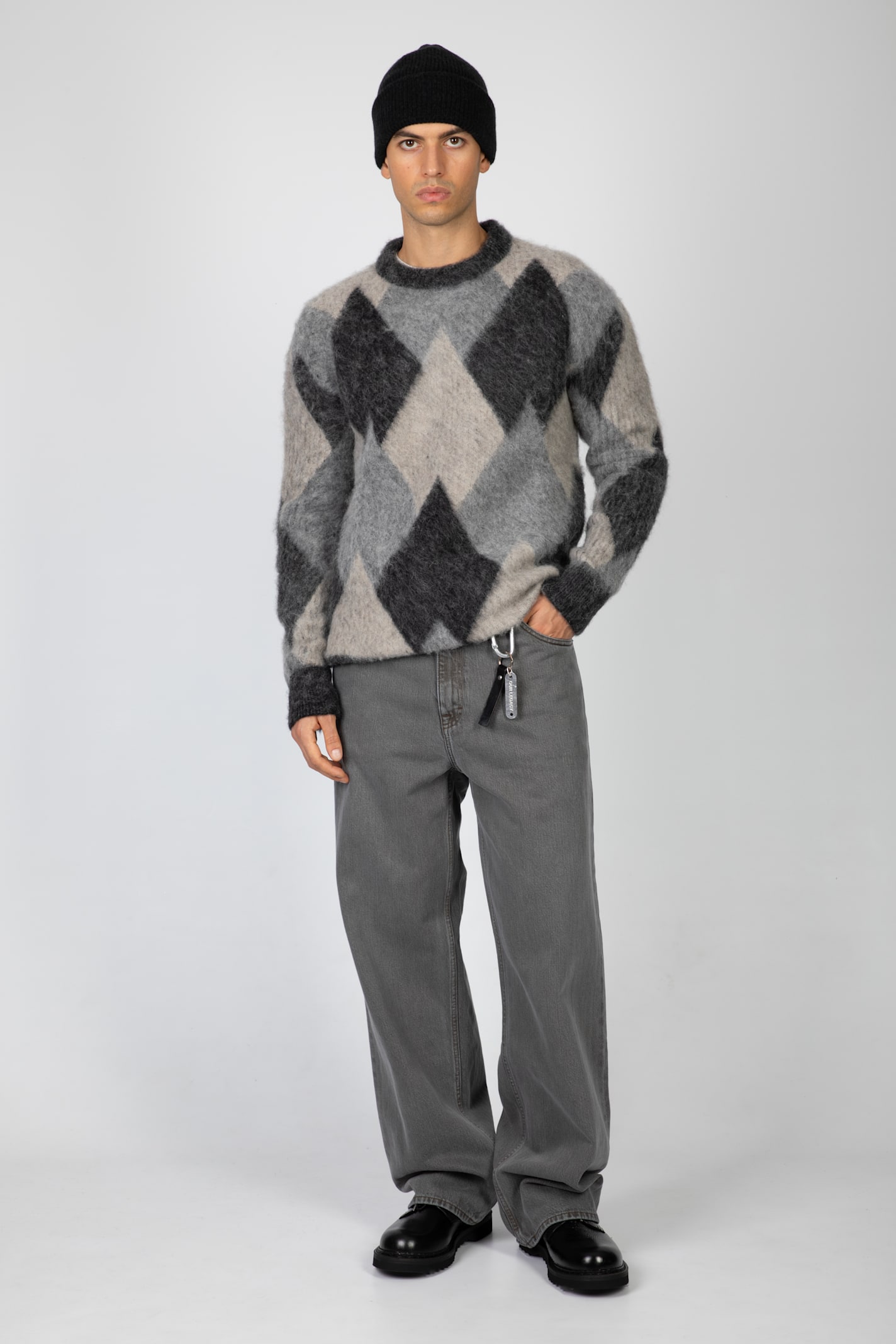 LANEUS JUMPER BLACK AND GREY ALPACA ARGYLE SWEATER 