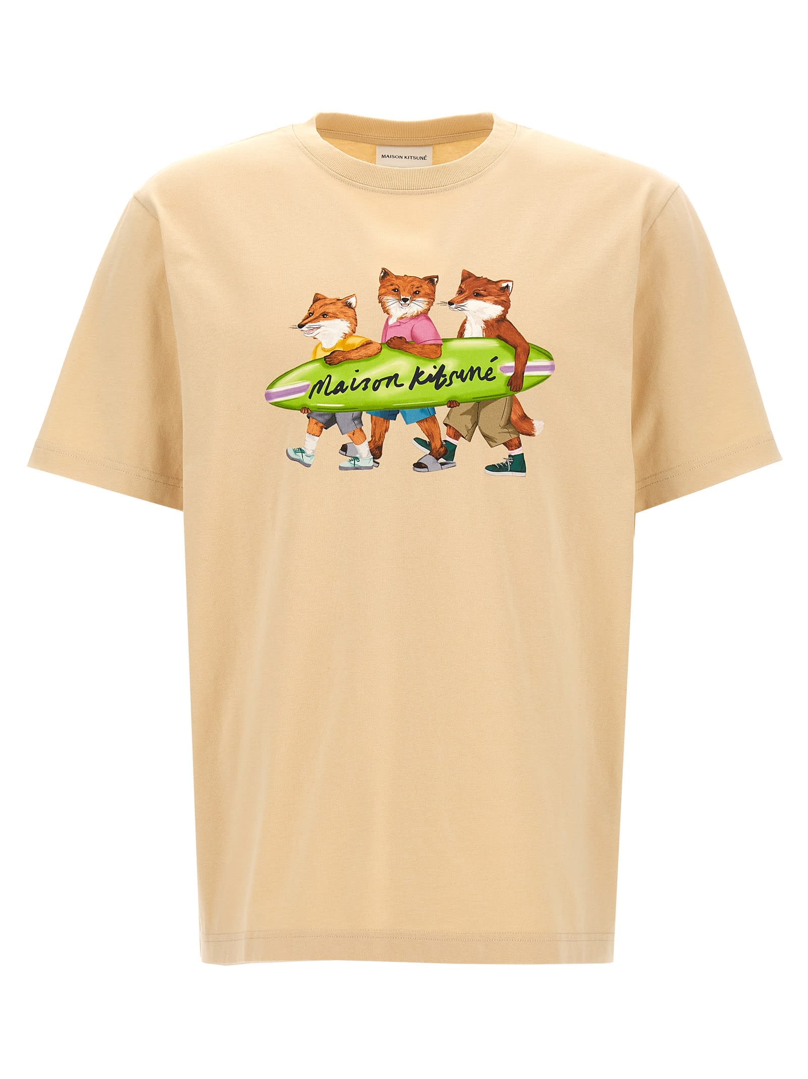 Shop Maison Kitsuné Surfing Foxes T-shirt In Beige