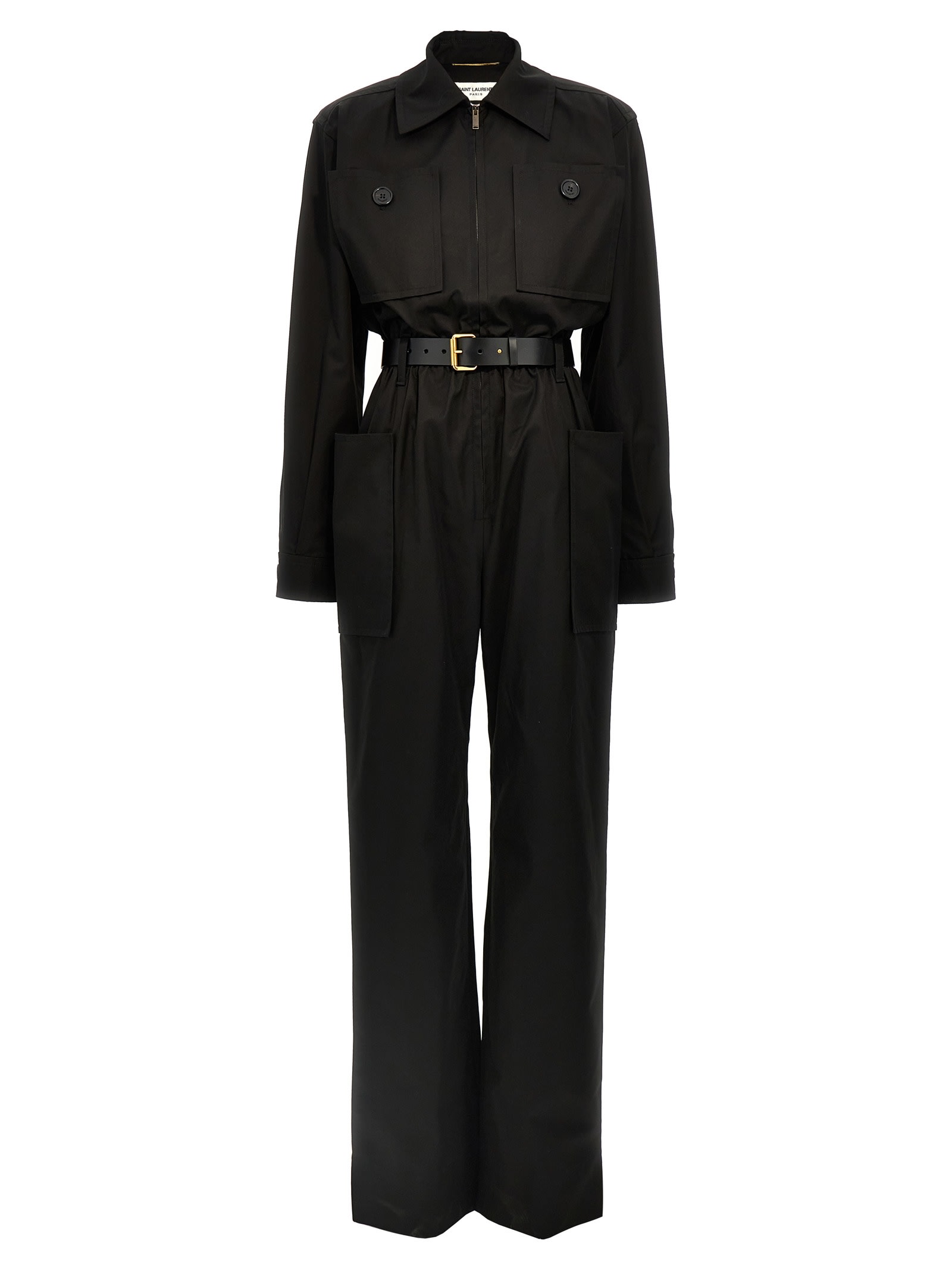 Shop Saint Laurent One-piece Belt Twill Suit In Black