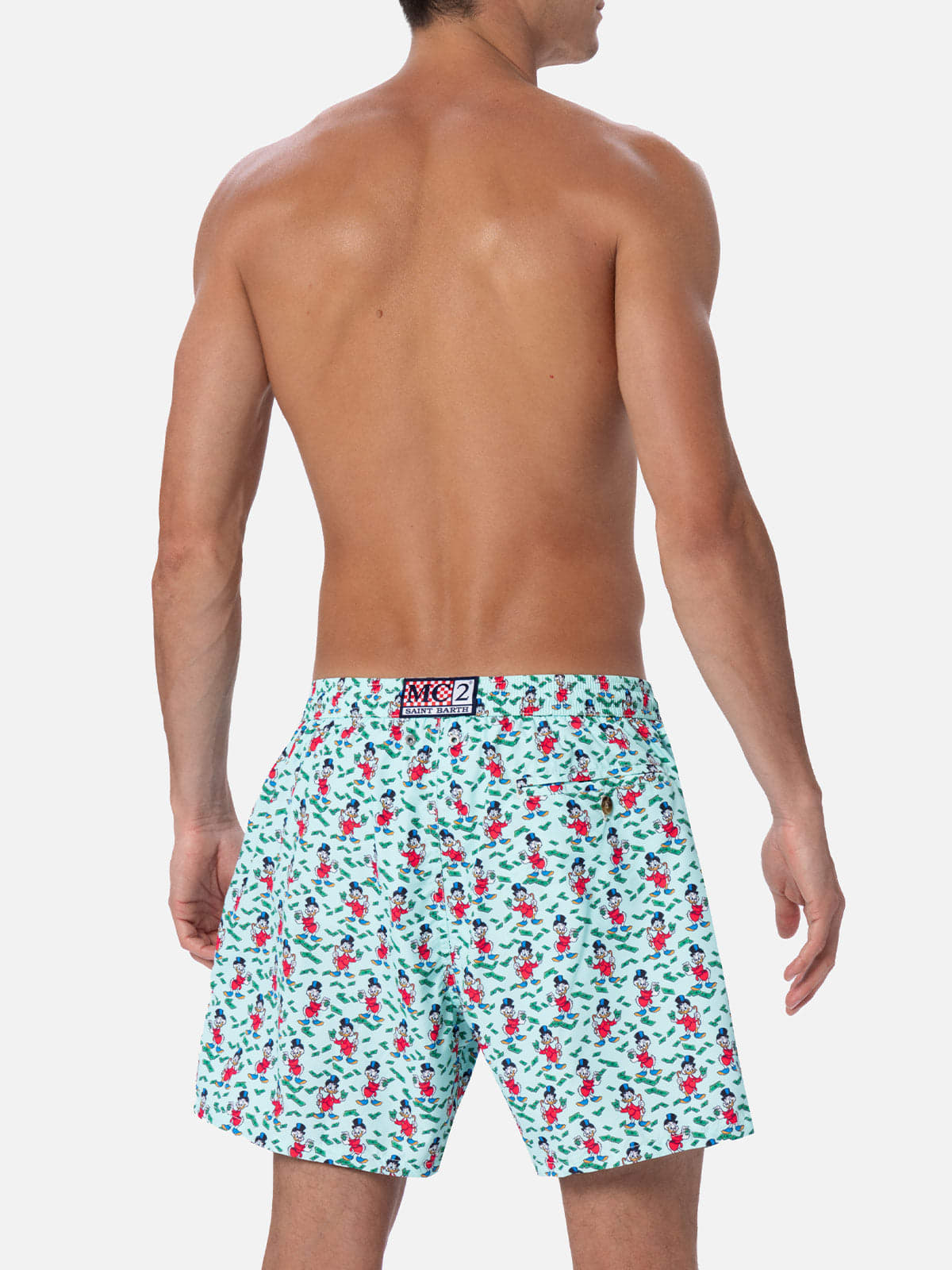 Mc2 Saint Barth Man Lightweight Fabric Swim-shorts Lighting Micro Fantasy With Scrooge Print Disney Special Edition In Verde Acqua