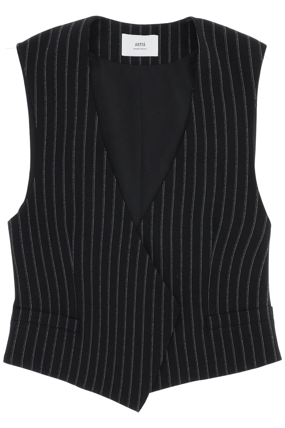 Shop Ami Alexandre Mattiussi Virgin Wool Pinstripe Waistcoat In Noir Craie (black)