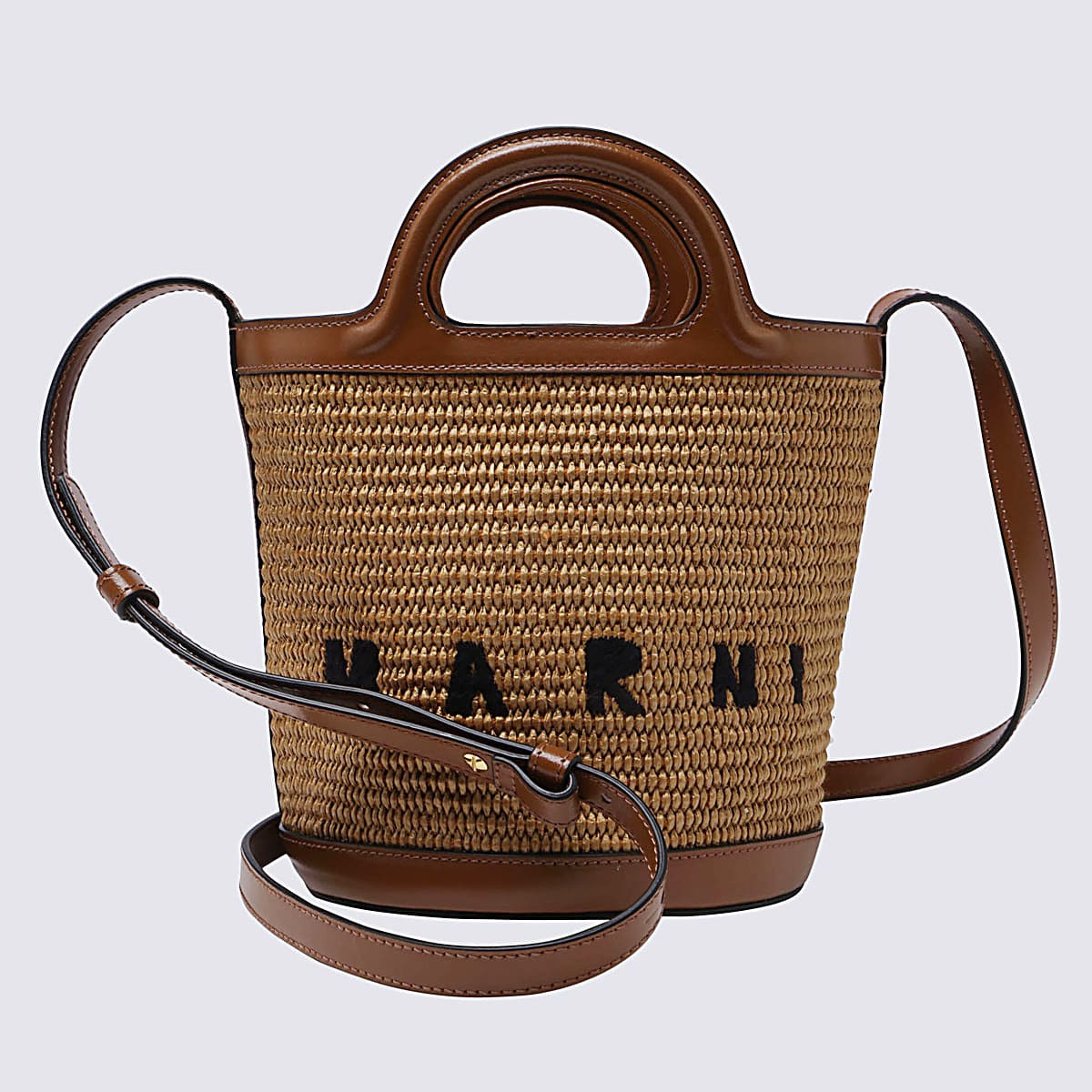 Marni Brown Raffia And Leather Tropicalia Mini Bucket Bag In Raw Sienna