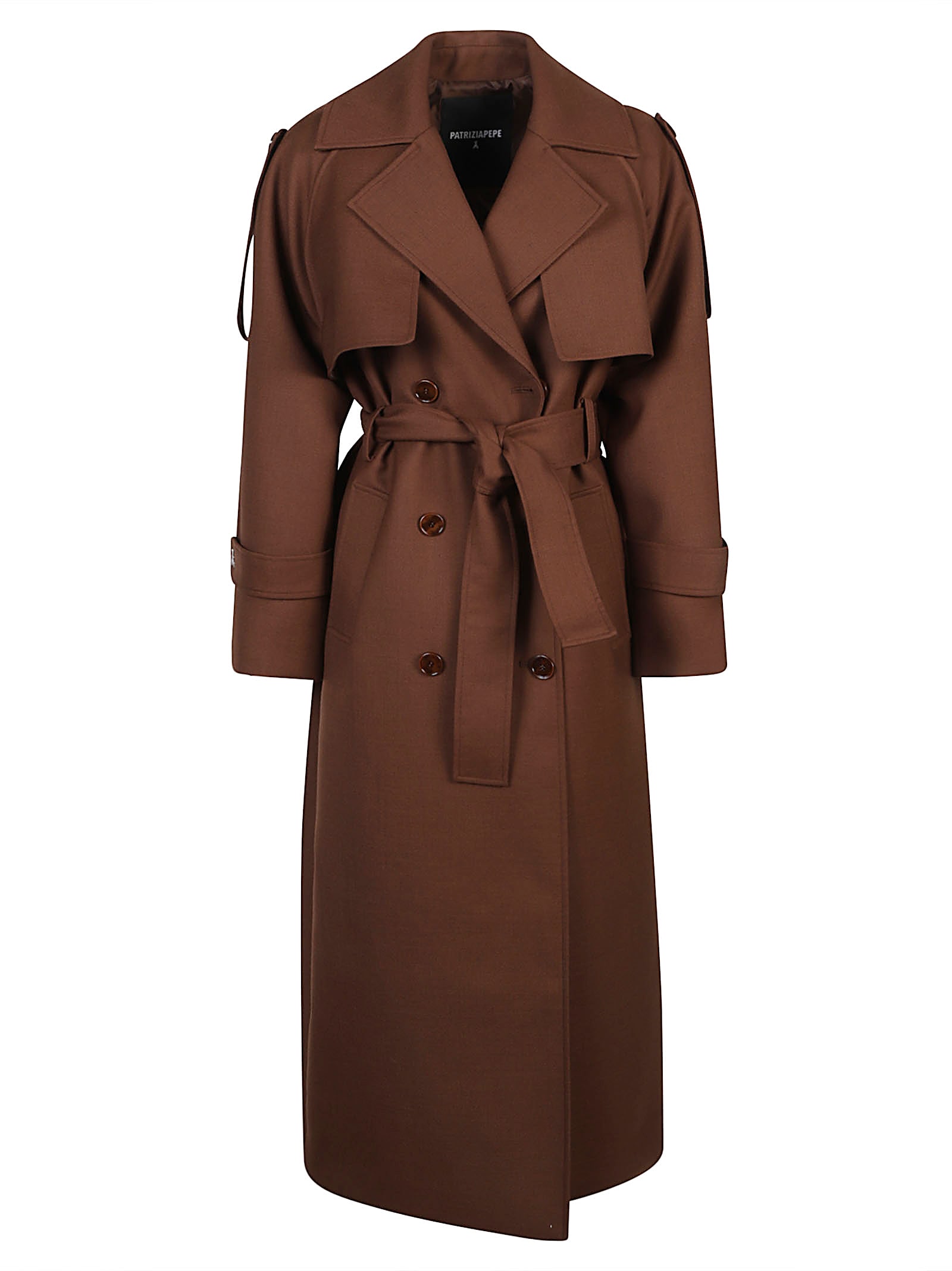Patrizia Pepe Brown Wool Blend Trench Coat With Belted Waist In Brown