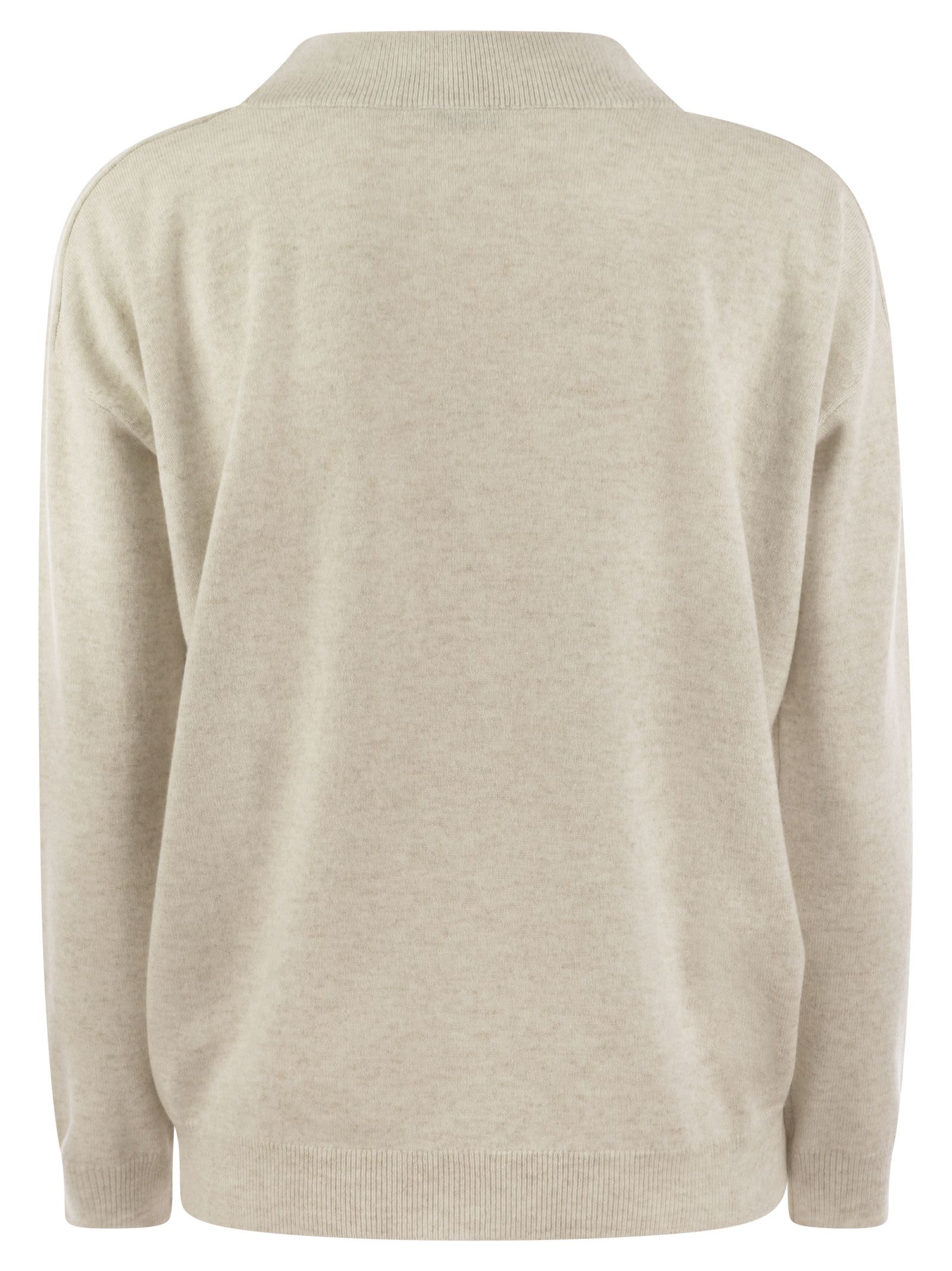 Shop Brunello Cucinelli Cashmere Sweater With Shiny Neckline In Pearl