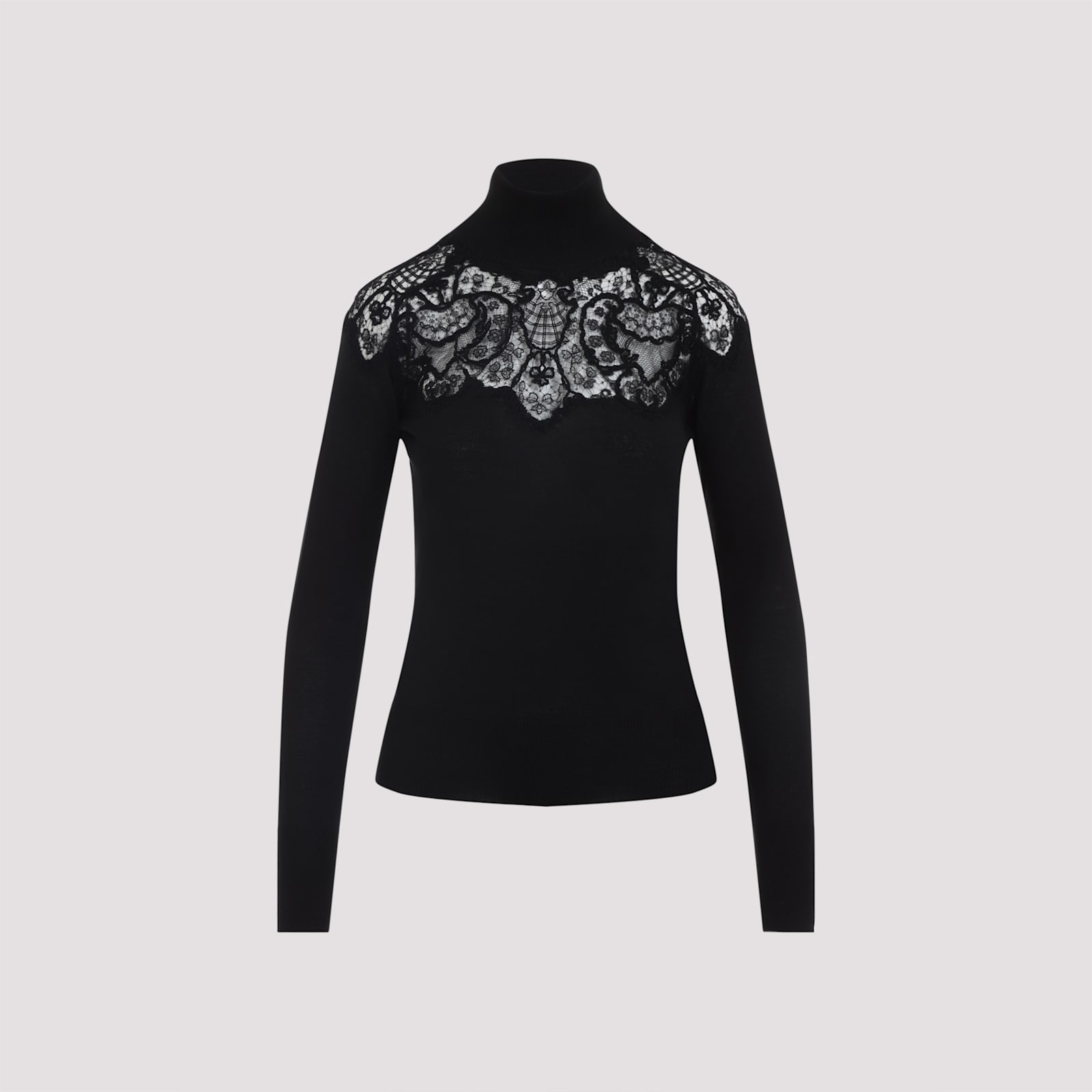 Ermanno Scervino Sheer Turtleneck Lace Sweater With Long Sleeves In Black