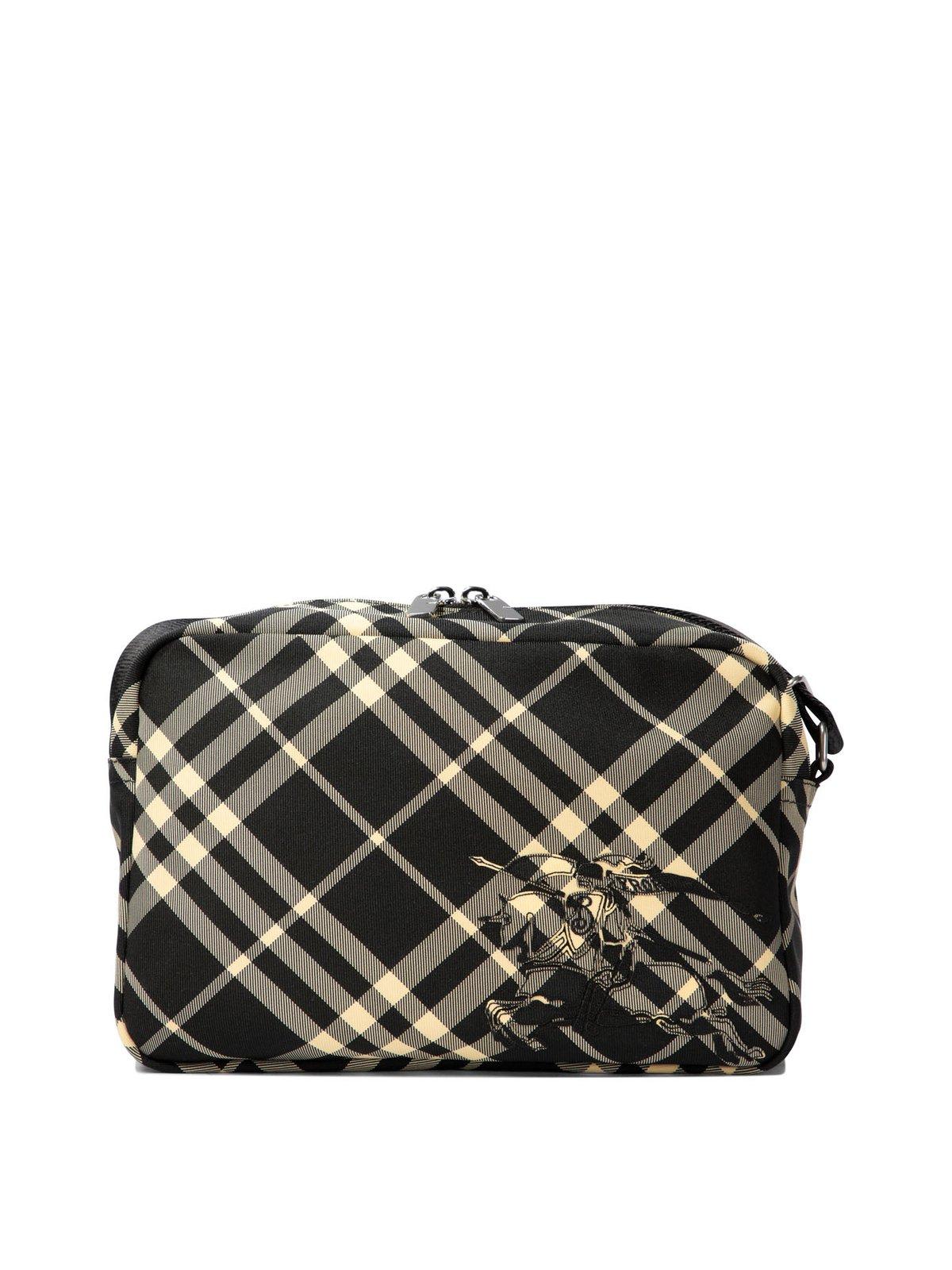 Shop Burberry Equestrian Knight Motif Checked Zipped Crossbody Bag In Black Calico