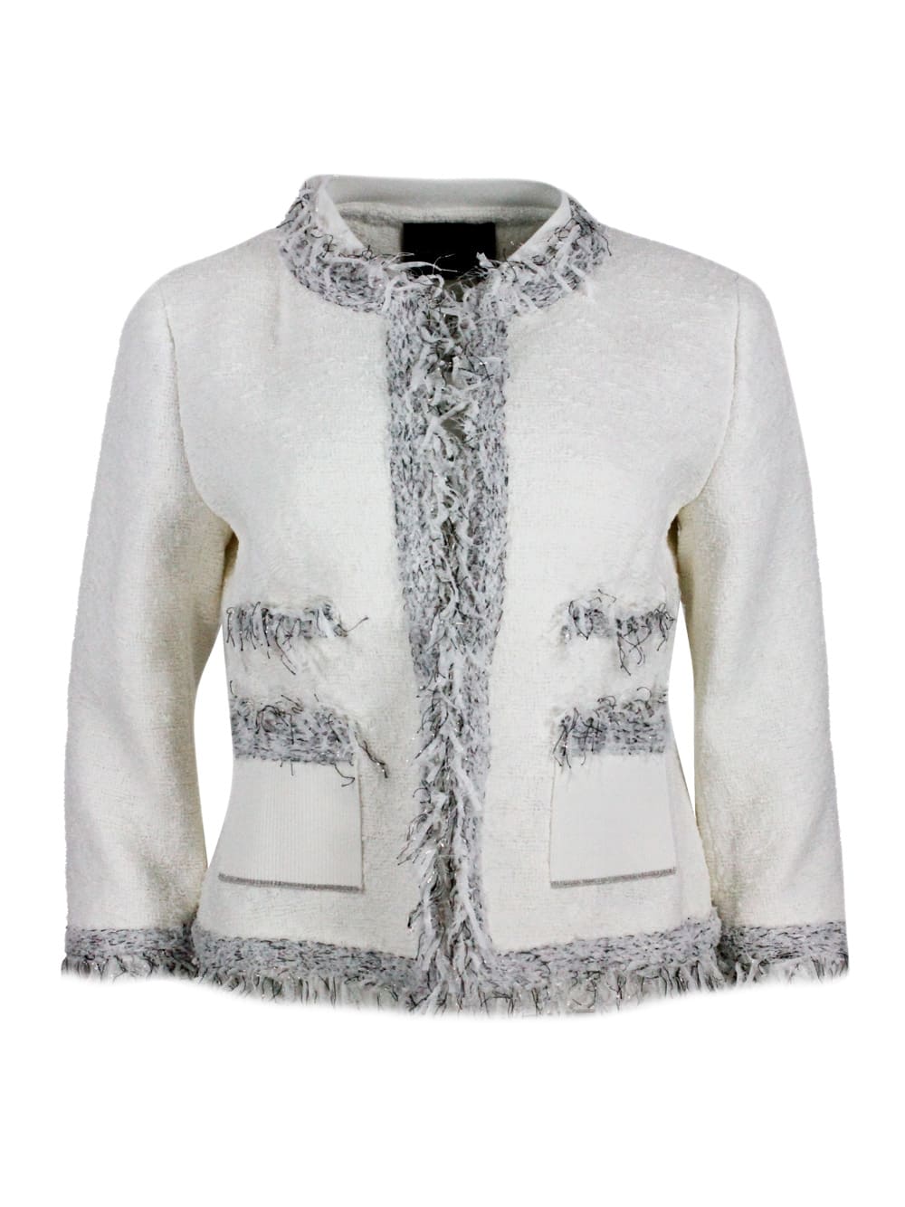 Chanel-style Jacket With Long Sleeves And Mandarin Collar In Worked Cotton With Ribbon Applications On The Edges