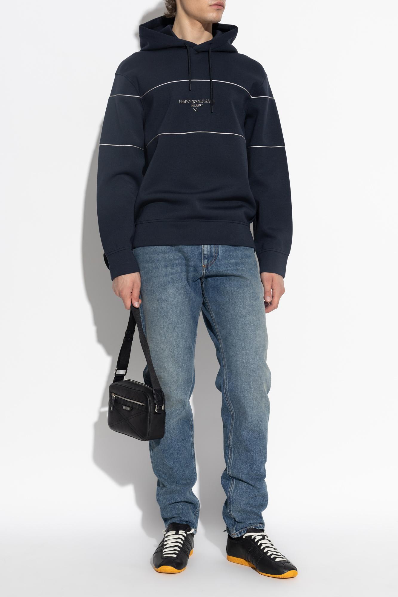 Emporio Armani Double-jersey Hooded Sweatshirt With 3d-effect Logo In Blue