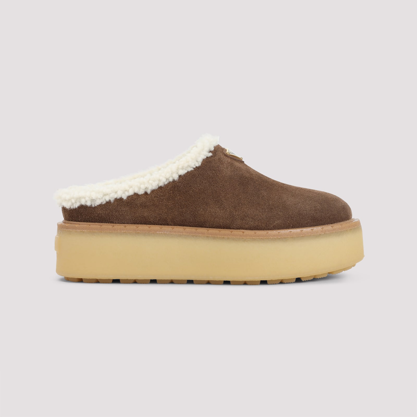 Prada Brown Suede Mules With Shearling Trim And Plush Lining In Brown