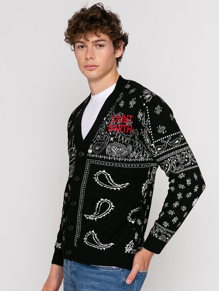 Shop Mc2 Saint Barth Bandanna Knitted Cardigan With Saint Barth Embroidery In Black