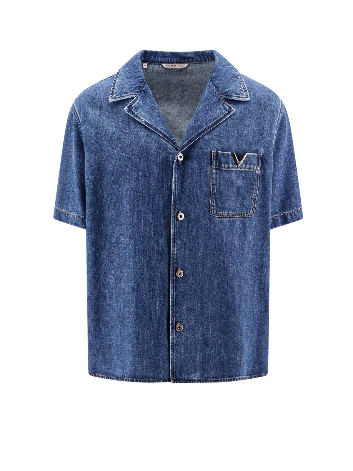 Shop Valentino Logo Plaque Straight Hem Denim Shirt In Blue