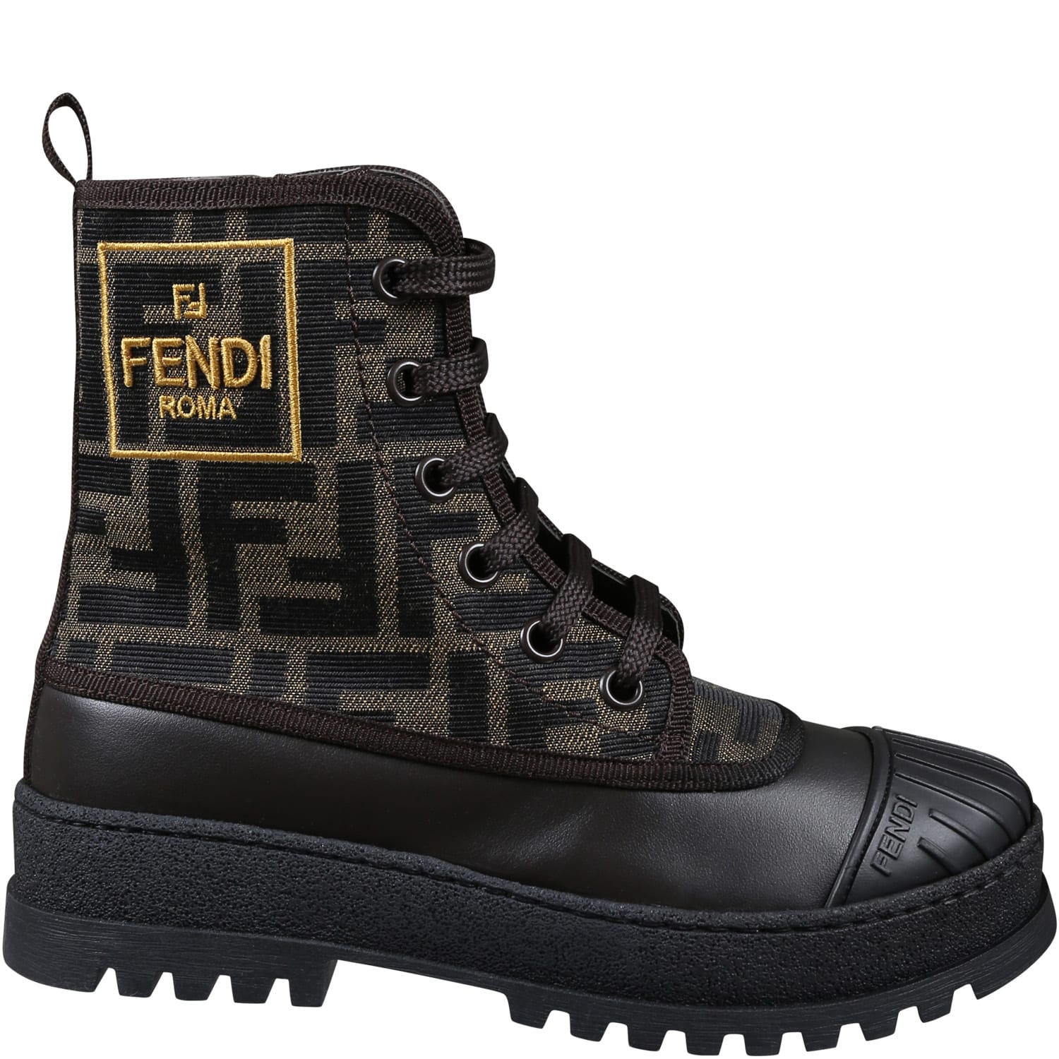 Fendi Brown Combat Boots For Kids With Ff Logo