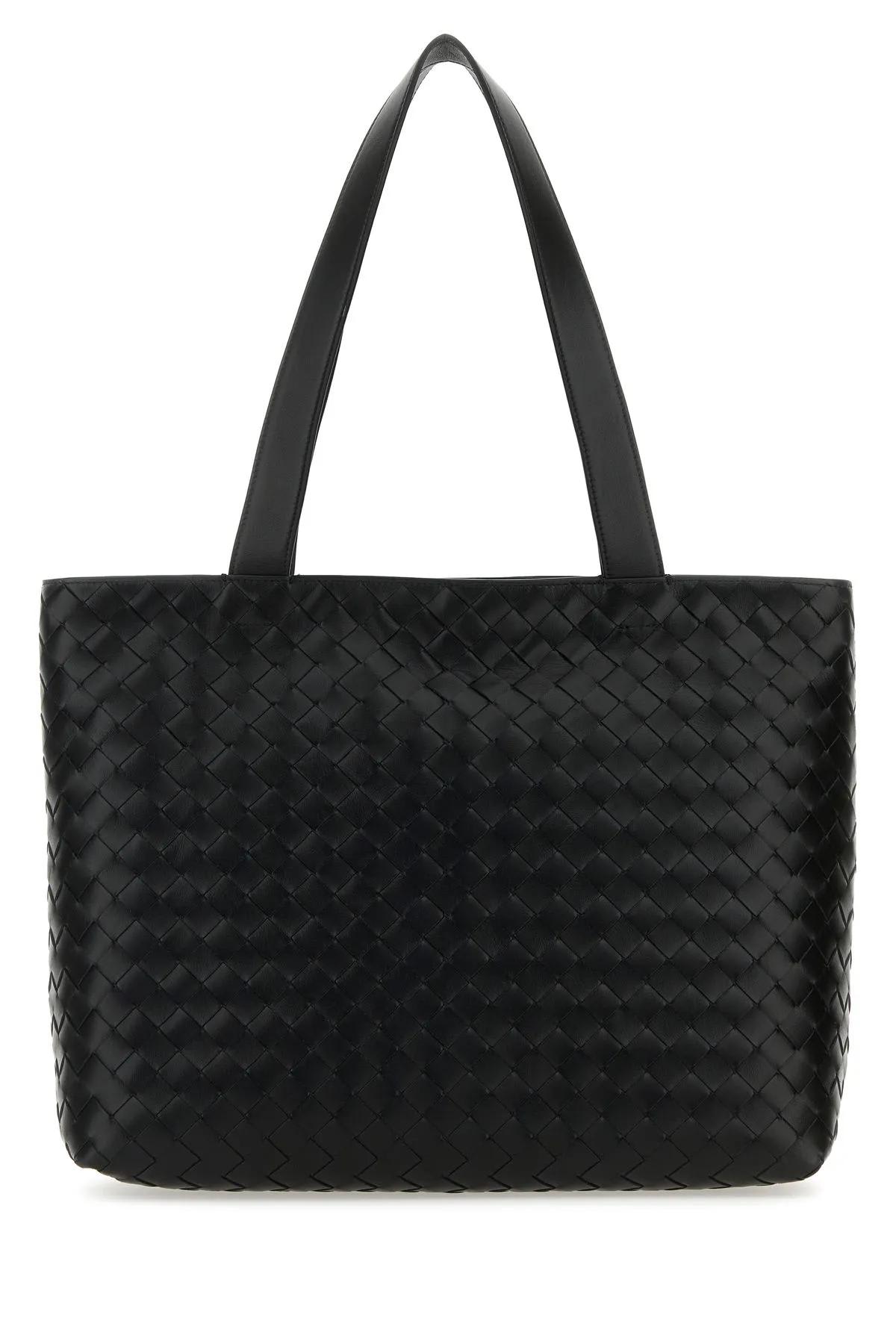 Shop Bottega Veneta Black Leather Small Intrecciato Shopping Bag