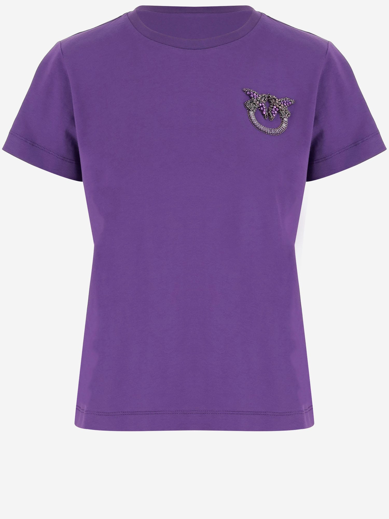 Pinko Cotton T-shirt With Love Birds Jewel Embroidery In Purple
