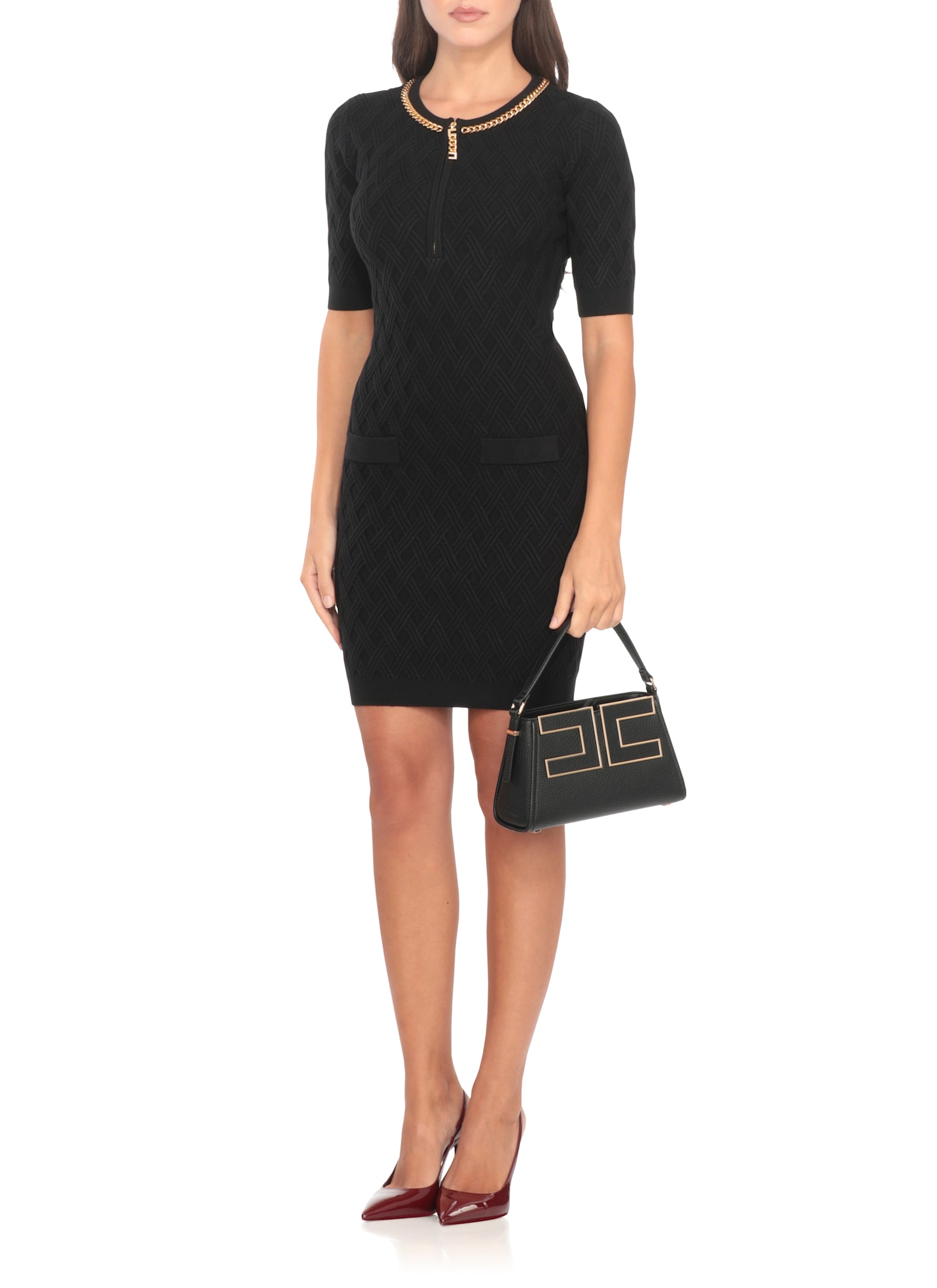 Elisabetta Franchi Mini Dress In Diamond Knit With Black Jewel Detail In Black