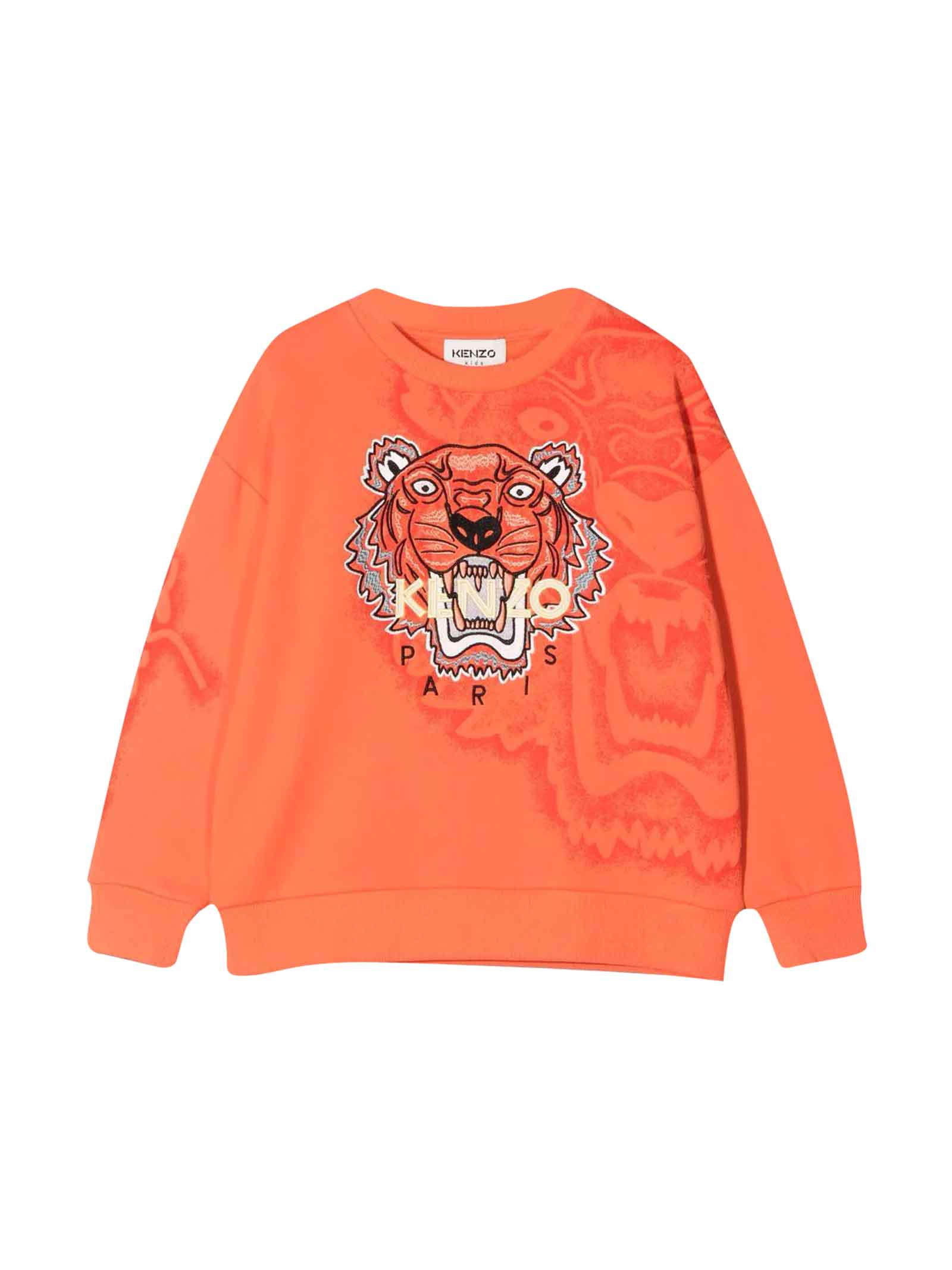 Kenzo Kids Unisex Orange Crewneck Sweatshirt With Tiger Head Print, Elastic Cuffs And Long Sleeves By.