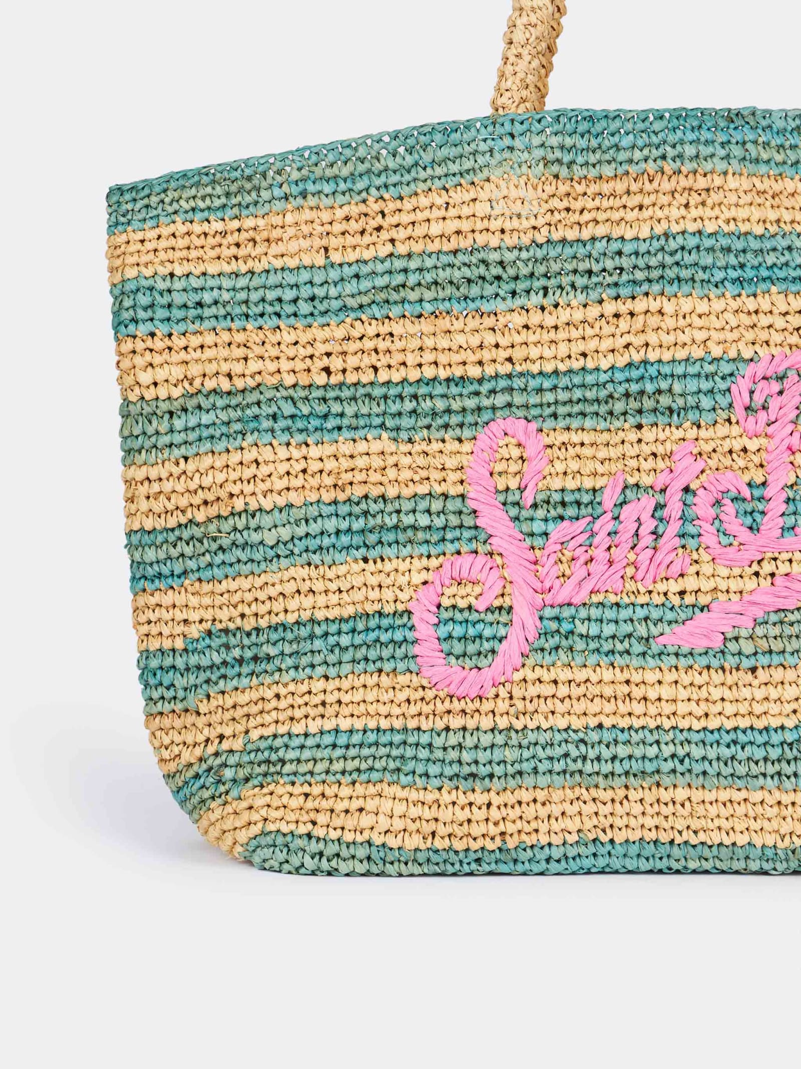 Shop Mc2 Saint Barth Turquoise Striped Raffia Beach Bag With Cotton Pouch In Sky