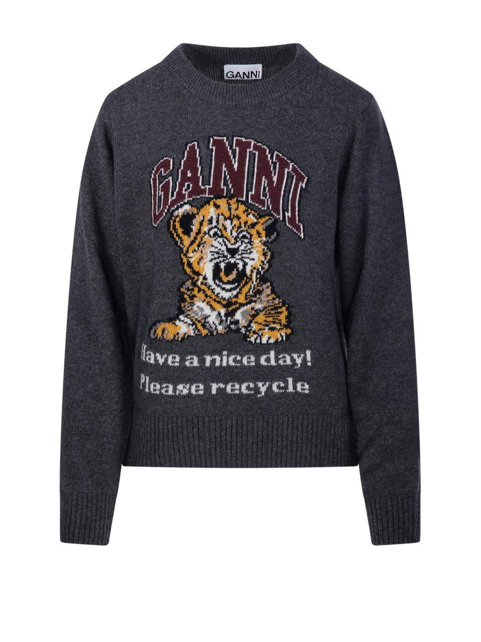 Shop Ganni Logo Intarsia-knit Jumper In Grey