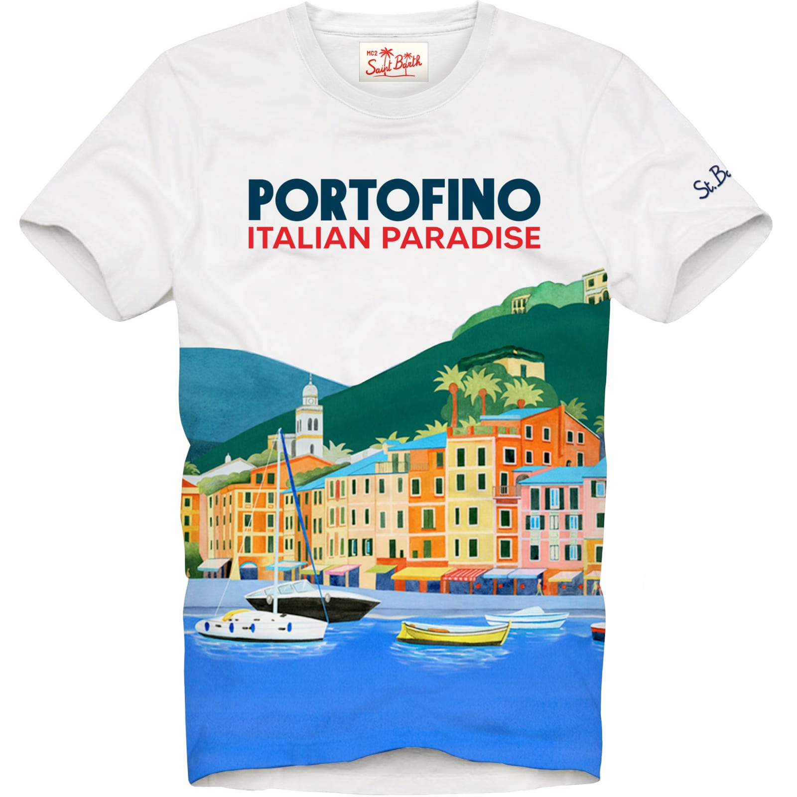 MC2 Saint Barth Man Cotton T-shirt With Portofino Postcard Print