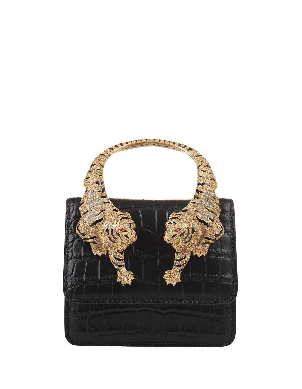 Roberto Cavalli Black Small Roar Shoulder Bag With Jewelled Tigers In Black/gold